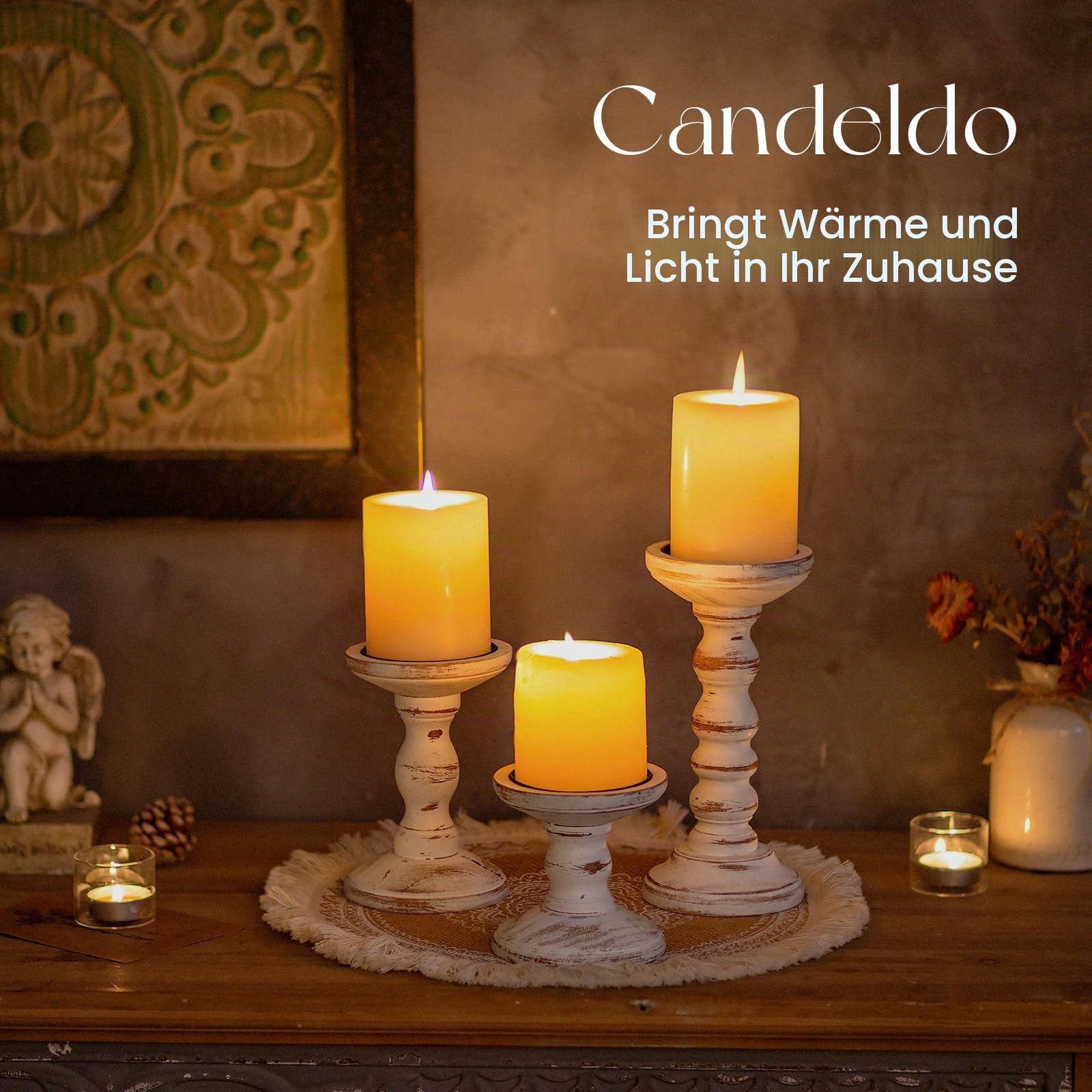 Candeldo Kerzenständer Holz Vintage Deko: 3 Stück Kerzenhalter Stumpenkerzen Wohnzimmer Tischdeko Groß Kerzenständer Dekoration Esstisch Weihnachten (braun + weiß)