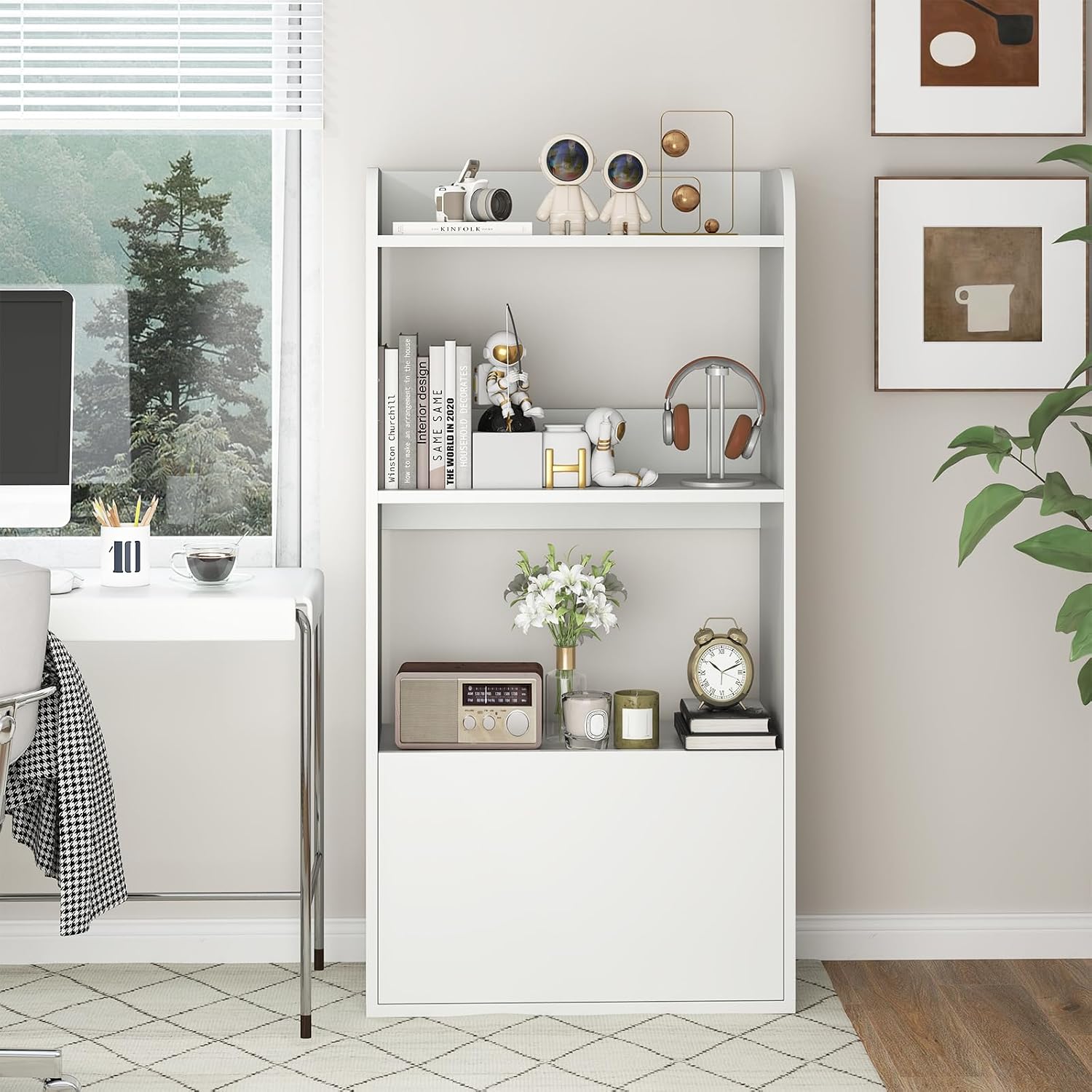 LOKO 4-Tier Bookshelf with Drawer, Freestanding Bookcase with Open Shelf, Display Shelf with Anti-Toppling Kits, Storage Rack for Living Room, Study, Kitchen, Office (1, White)