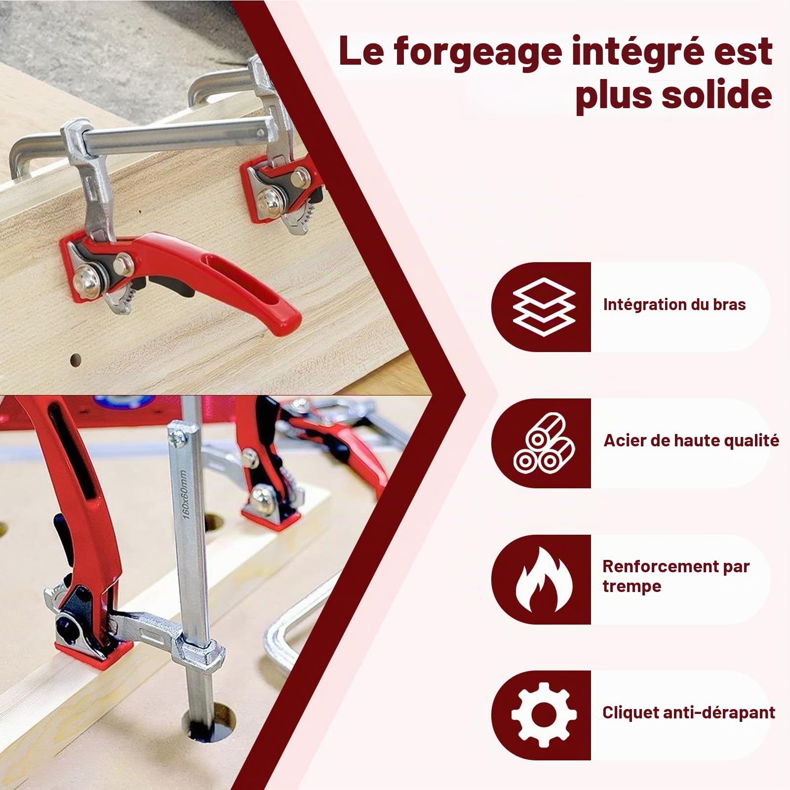 Lot de 2 Serre Joint Rapide pour Rail Guidage, Pince Table Cliquet Acier avec Poignée Levier, Pince Serrage Blocage Rapide Capacité 160mm & Profondeur Gorge 60 mm pour Meulage, Coupe