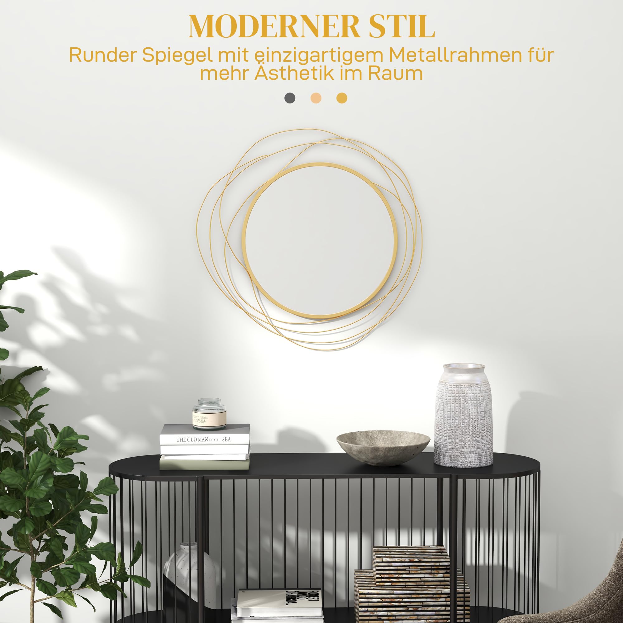 HOMCOM Wandspiegel, Ø65 cm Wandschmuck mit Spiegel, Metallrahmen, Flurspiegel, Wandkunstwerk für Wohnzimmer, Schlafzimmer, Gold