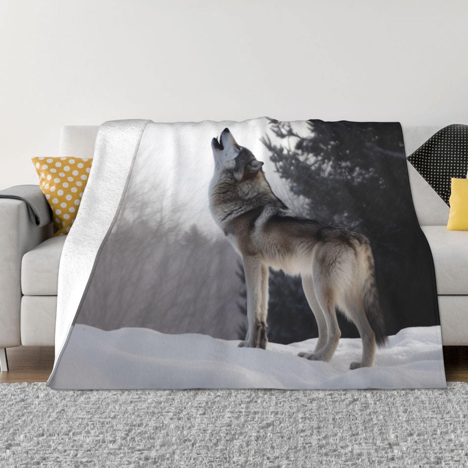 KLOPH Howling Wolf Throw Blanket 80"x60" Flannel Fluffy Warm Blanket for Couch, Reversible Plush Blankets for Bed, Comfy Fuzzy Blanket for Sofa, Plush Lightweight-Blankets for All Season