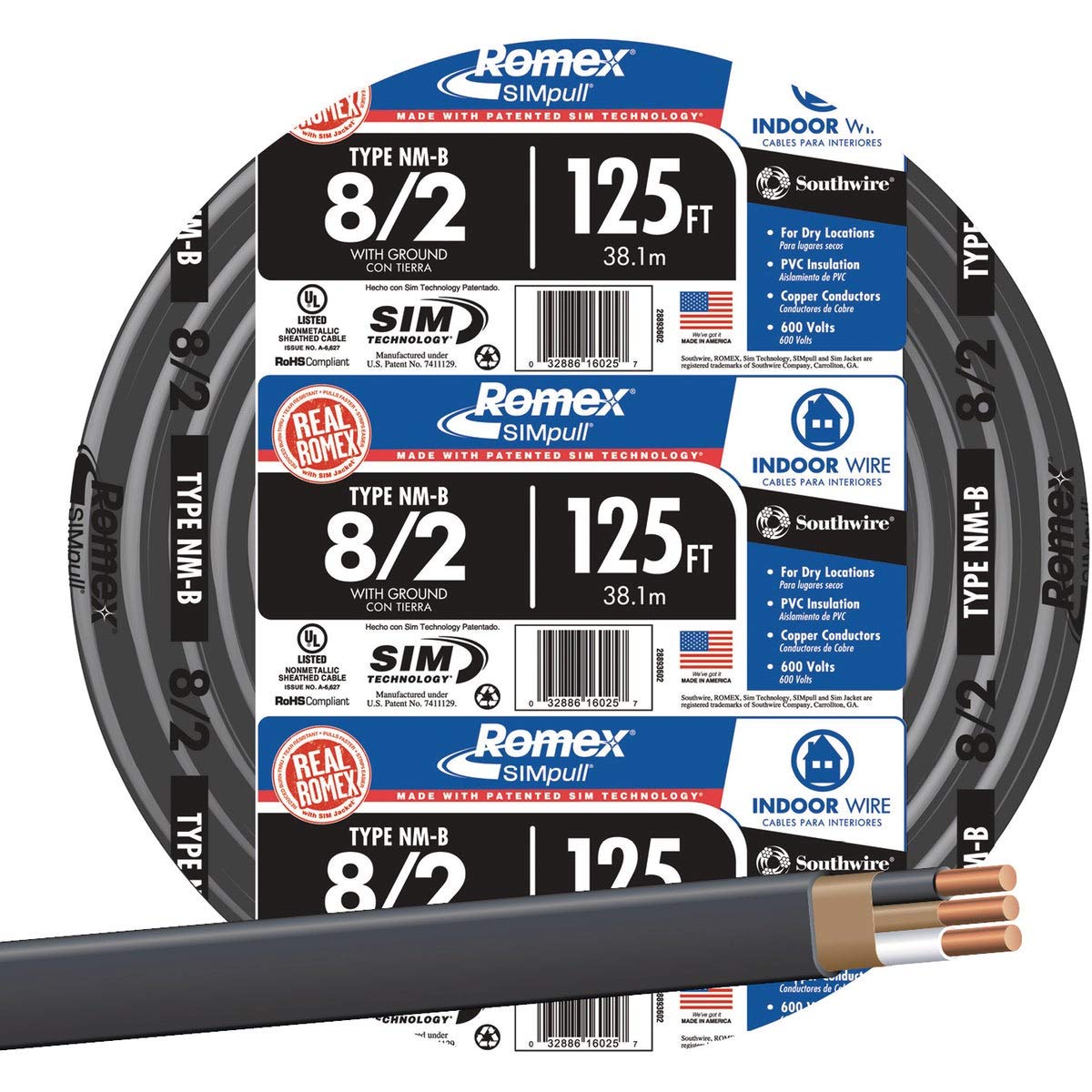 Southwire 28893621 8/2 AWG 25ft. Nonmetallic With Ground Sheathed Cable, Black