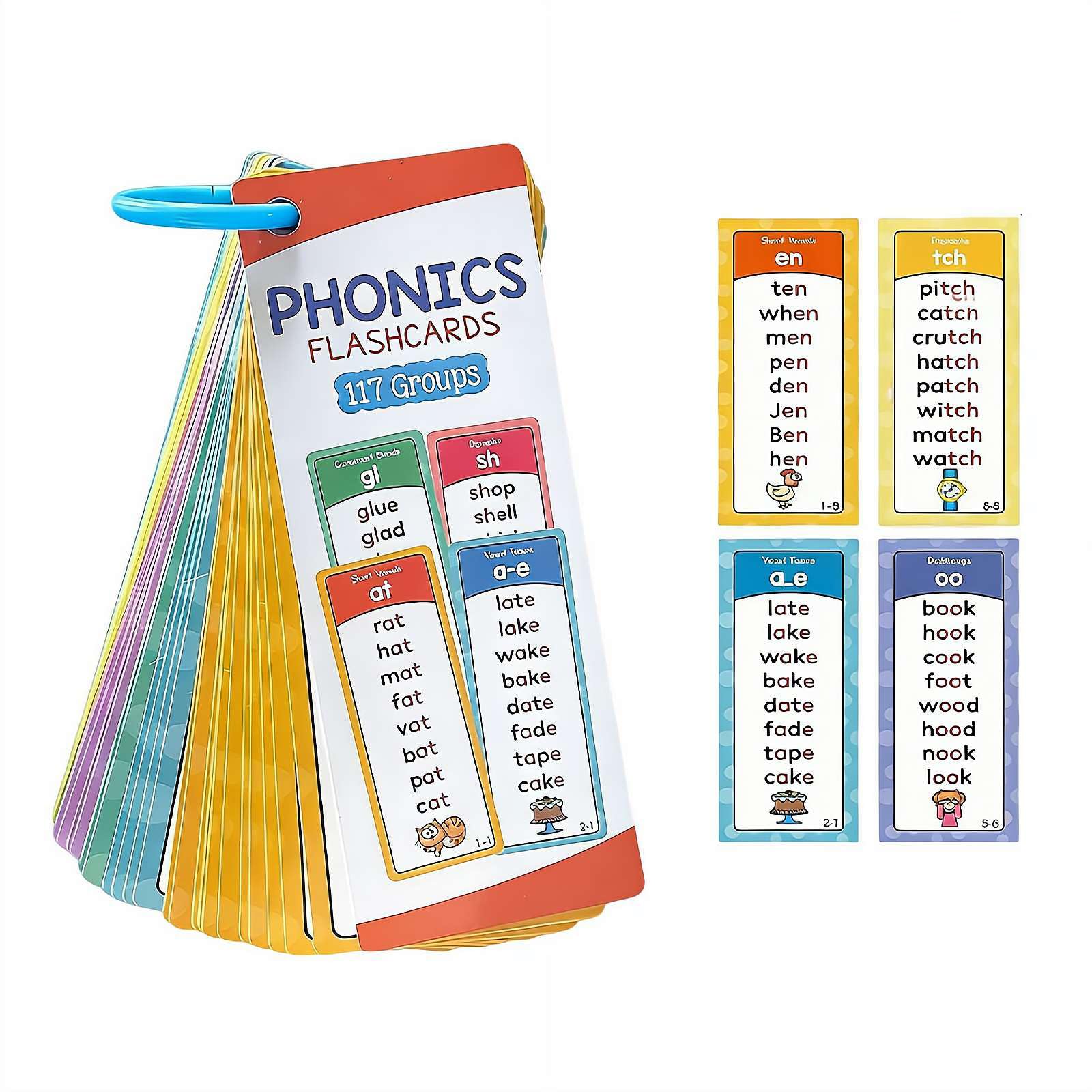 60PCS Phonics Flash Cards, 117 Sound Groups with 900+ Rhyming Words, Waterproof Early Reading & Spelling Teaching Tools, Short Vowels, Long Vowels, Blends, Digraphs, Educational Flash Cards