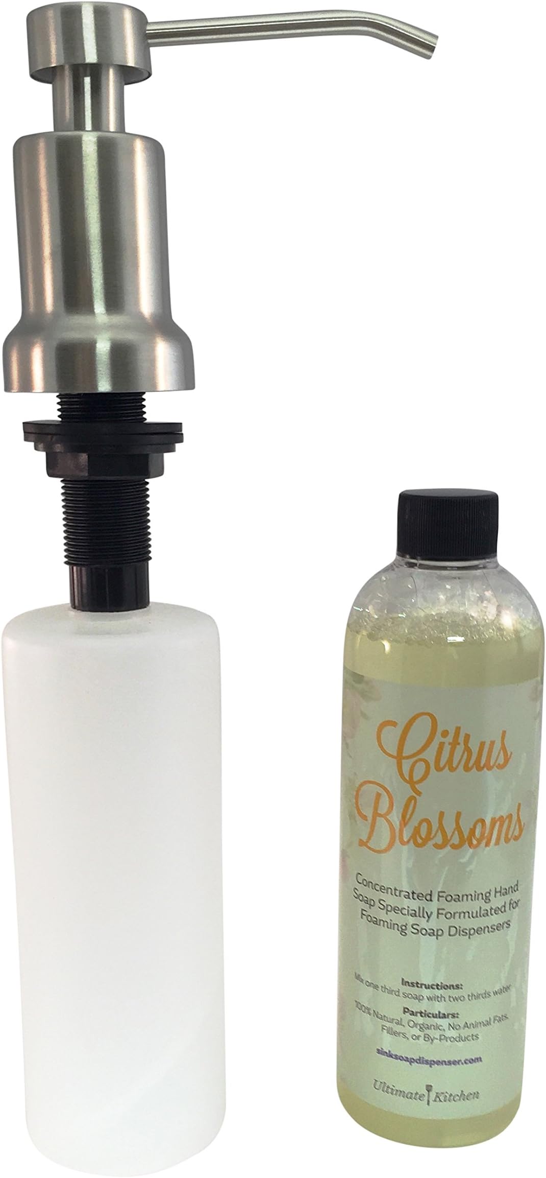 Kitchen-Classics Built In Foaming Soap Dispenser WITH Organic Foaming Soap (Combo Pack) - Top Quality 304 Stainless Steel (Satin Finish) - HUGE 17oz Bottle - Installs Quickly - This Combo Pack Includes Our Concentrated (Citrus Blossoms Scented) Organic Foaming Soap.