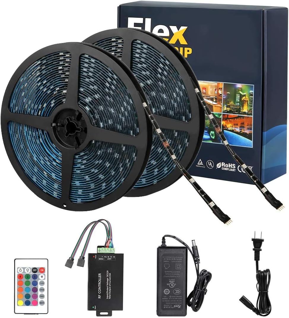 Tingkam 65.6 ft 20 M Non-Waterproof 5050 SMD RGB LED Flexible Strip Light Black PCB Board Color Changing Decoration Lighting 300 LEDs Kit + 20 Key Remote Controller