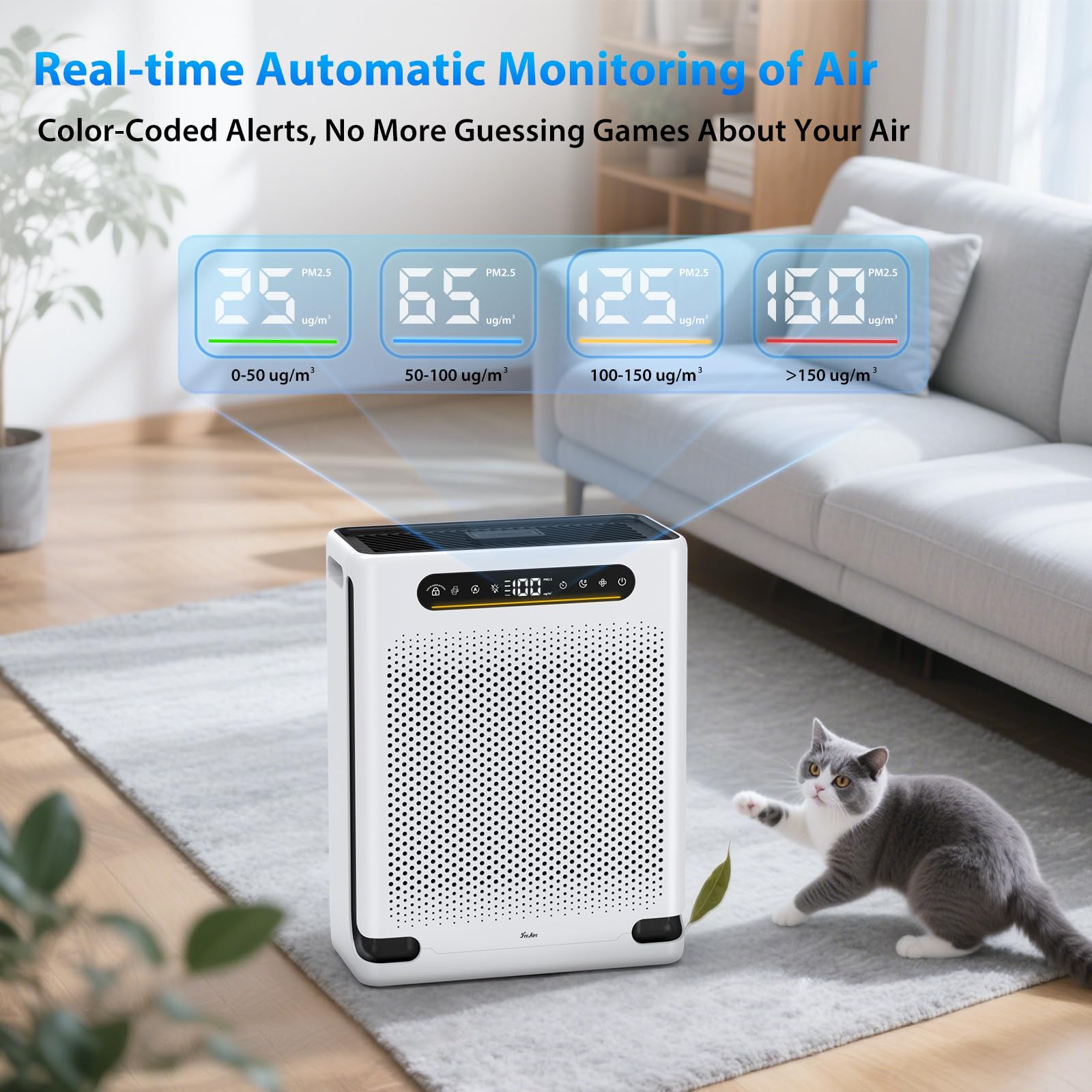 FreAire Air Purifiers for Home Large Room Up to 2600 Ft², HEPA Air Purifier with Washable Filter & Air Quality Display, Powerful Turbo Mode Air Cleaner for Pet Hair Odors Smoke Dust, HAP605 White