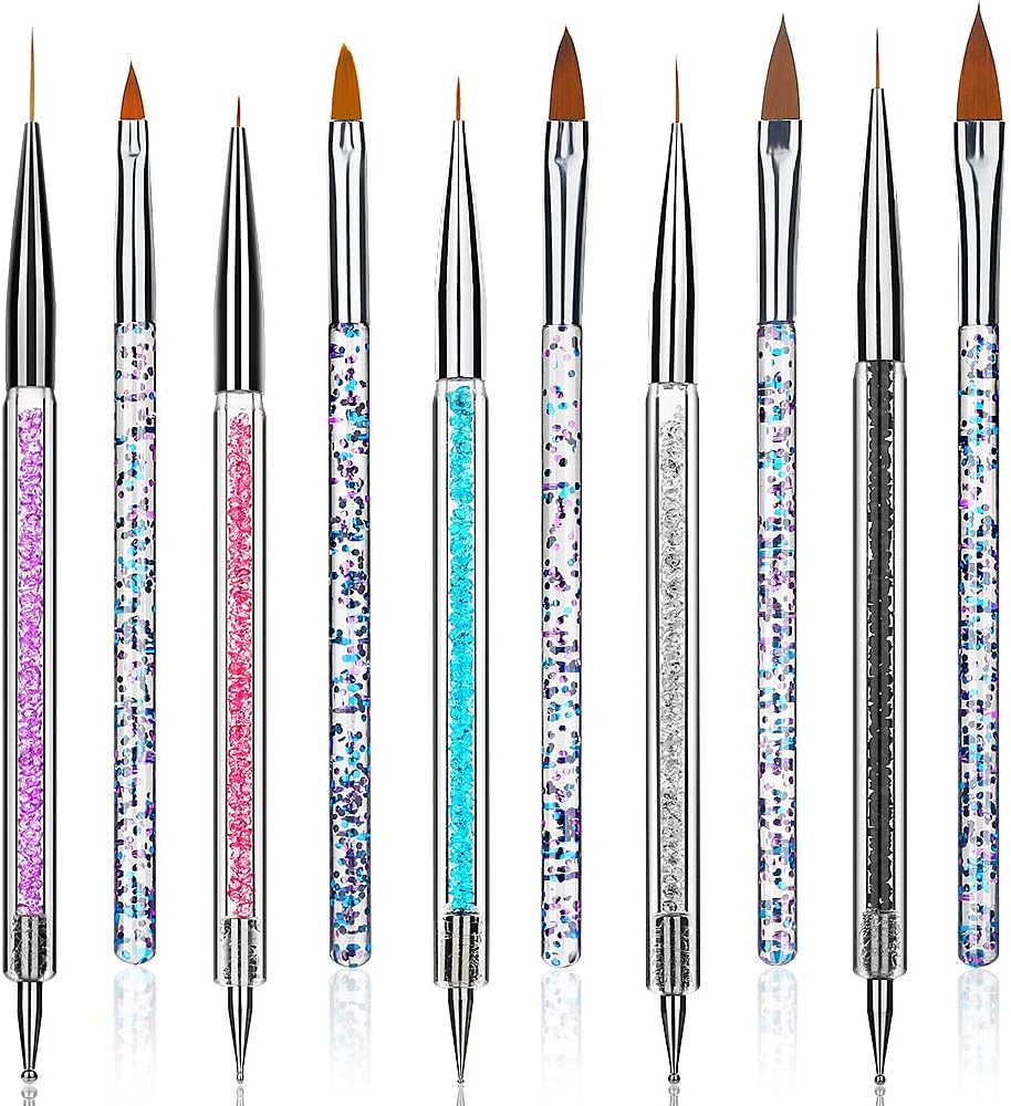 Senignol Nail Art Liner Brush Pen (10PCS) Acrylic Nail Brush Set Professional Salon Nail Art Brushes Double Ended Dotting Tools Pen Gel Nail Painting Brush, with Liquid Glitter Handle
