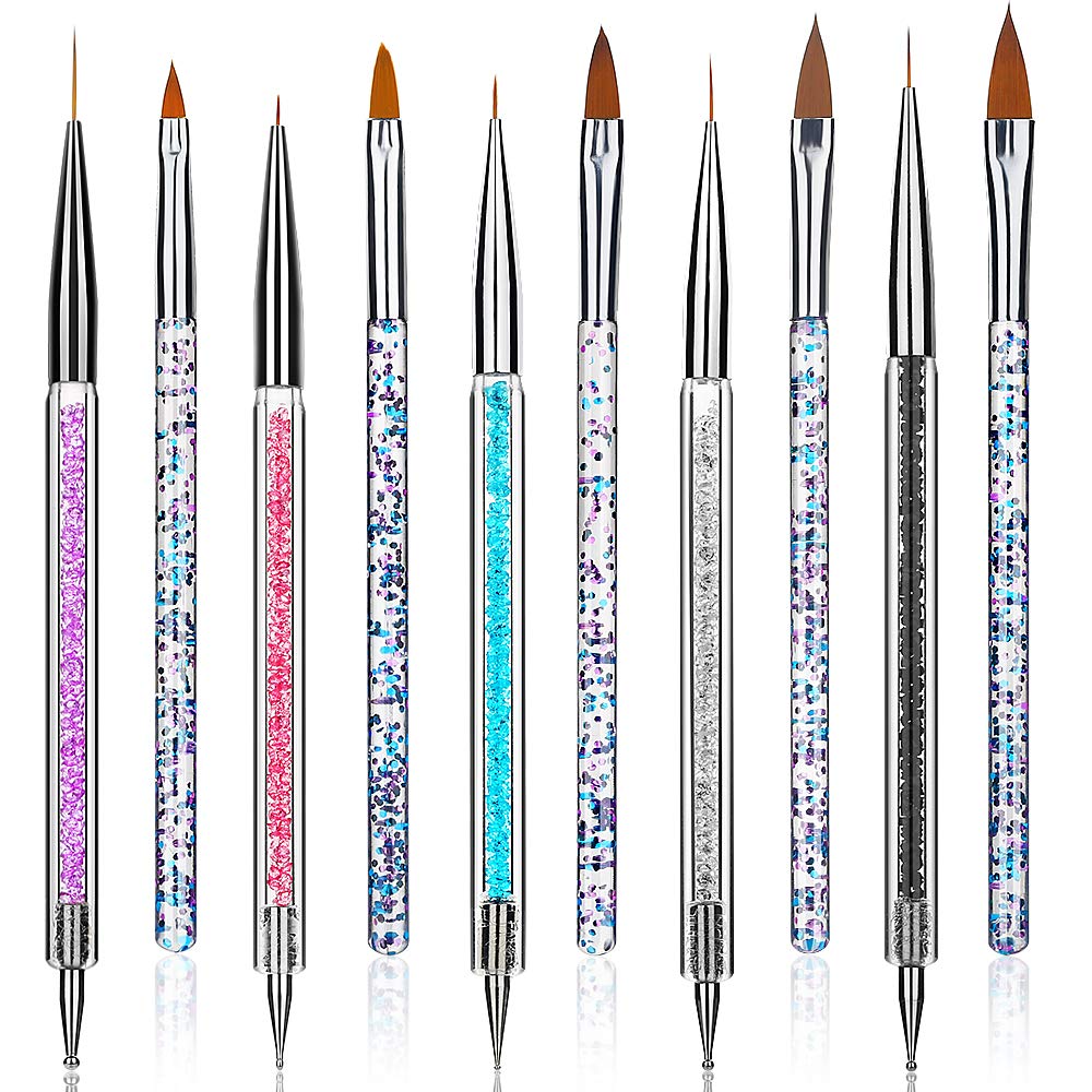 Senignol Nail Art Liner Brush Pen (10PCS) Acrylic Nail Brush Set Professional Salon Nail Art Brushes Double Ended Dotting Tools Pen Gel Nail Painting Brush, with Liquid Glitter Handle