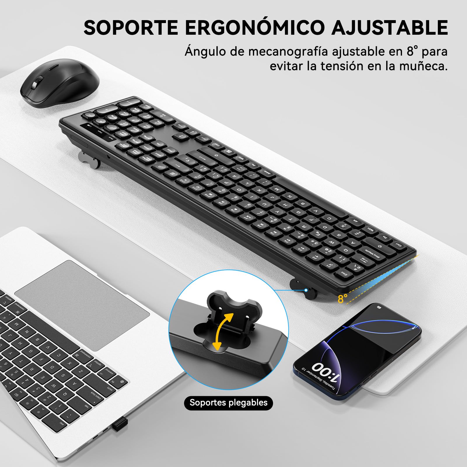 PINKCAT Teclado y Raton Inalámbrico,Botones Silenciosos, Español QWERTY,Tamaño Completo con Teclado Numérico,Ratón y Teclado Inalámbrico de 2.4 GHz per Windows,Mac,PC,Ordenador Portátil (Negro)