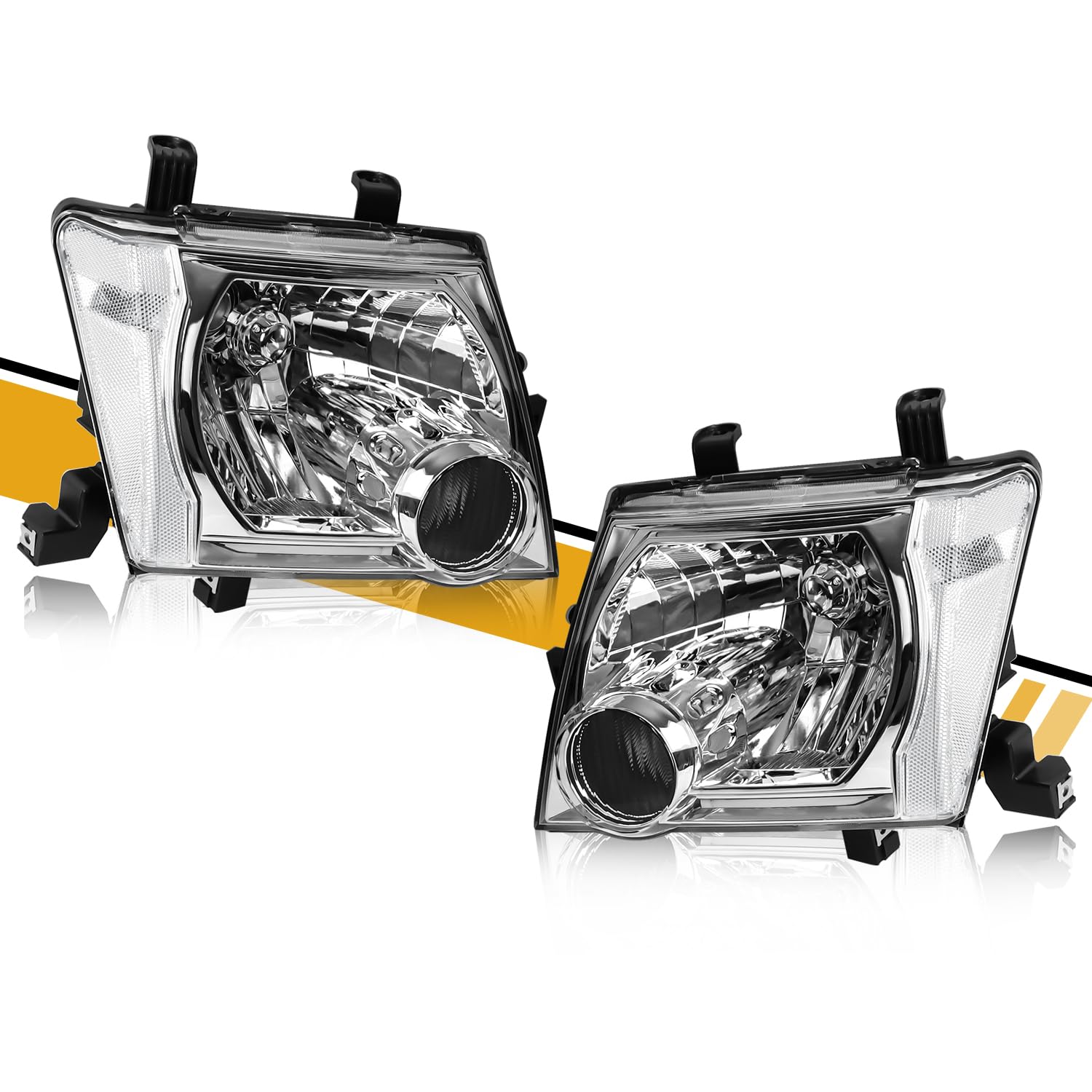 Headlight Assembly Pair Compatible with Nissan Xterra 2005-2015, Factory-OE-Style Halogen Headlamp Replacements for 26010-EA025 26060-EA025, w/o Bulb, Chrome Housing Clear Lens White Corner