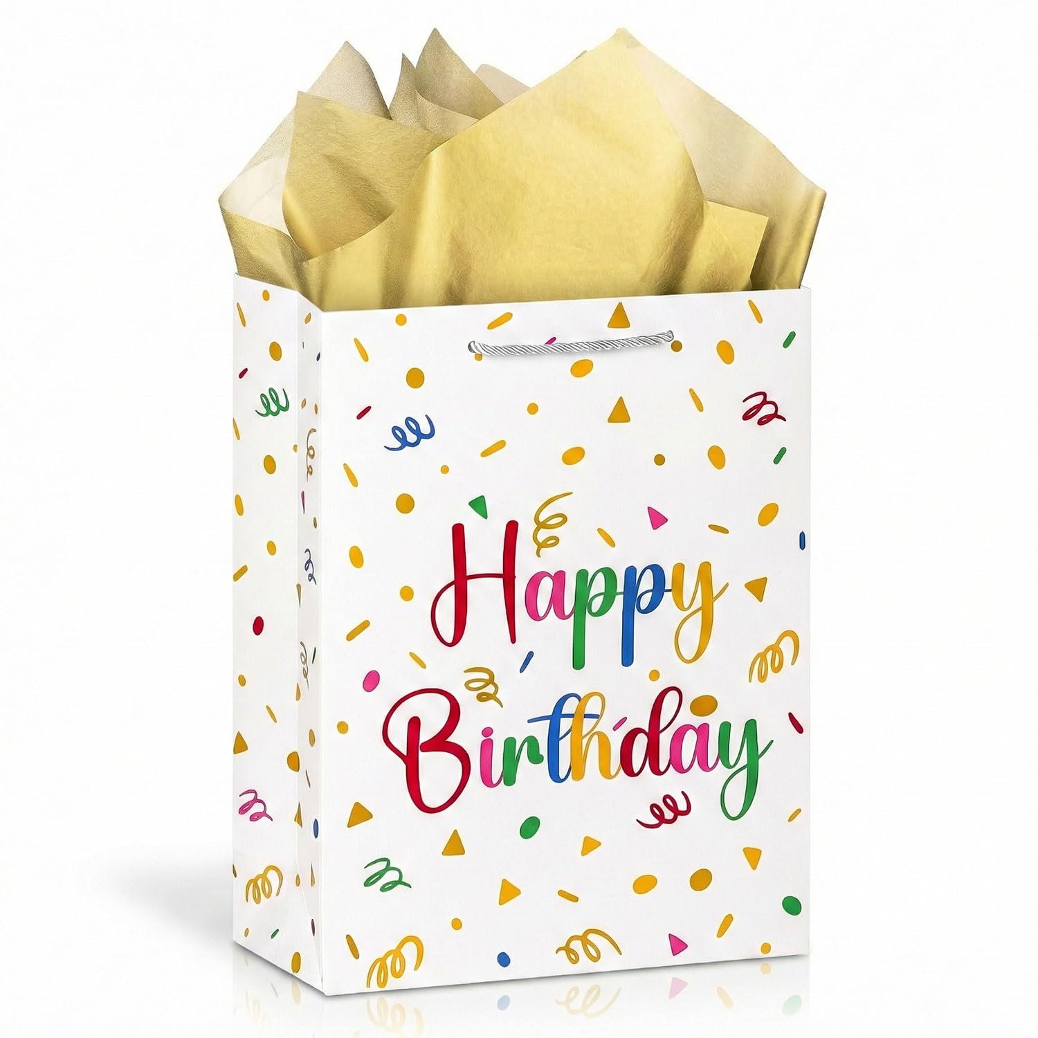 Ssyuysto Birthday Gift Bag 33cm White Happy Birthday Gift Bags with Gold Tissue Paper Gift Tag Party Gift Bag with Silver Rope Handles for Women Men Teens Kids HBD Present Wrapping
