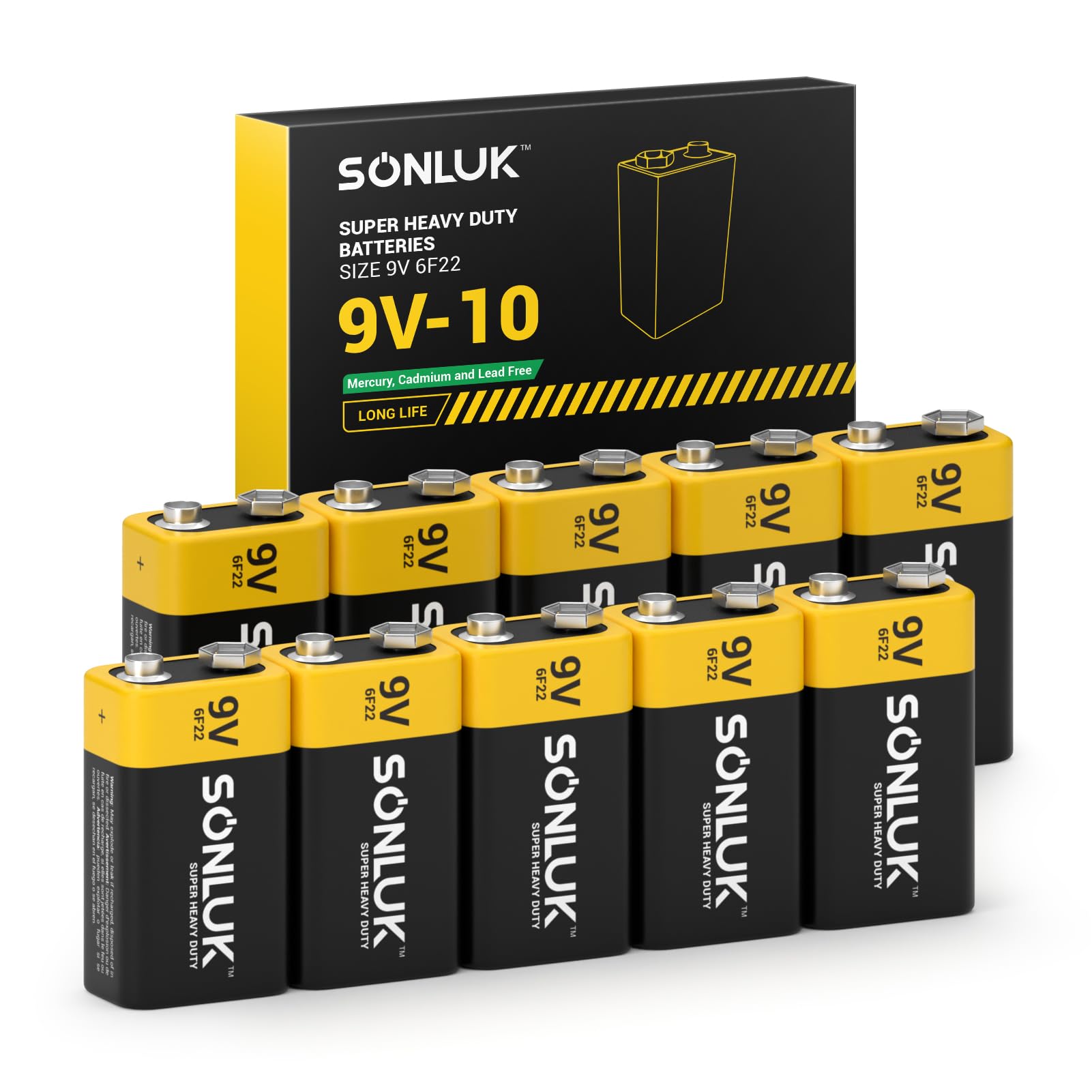 9V Batteries 10 Pack Carbon Zinc 6F22 Square 9 Volt Battery for Smoke/CO Detector, Ultra Long Lasting