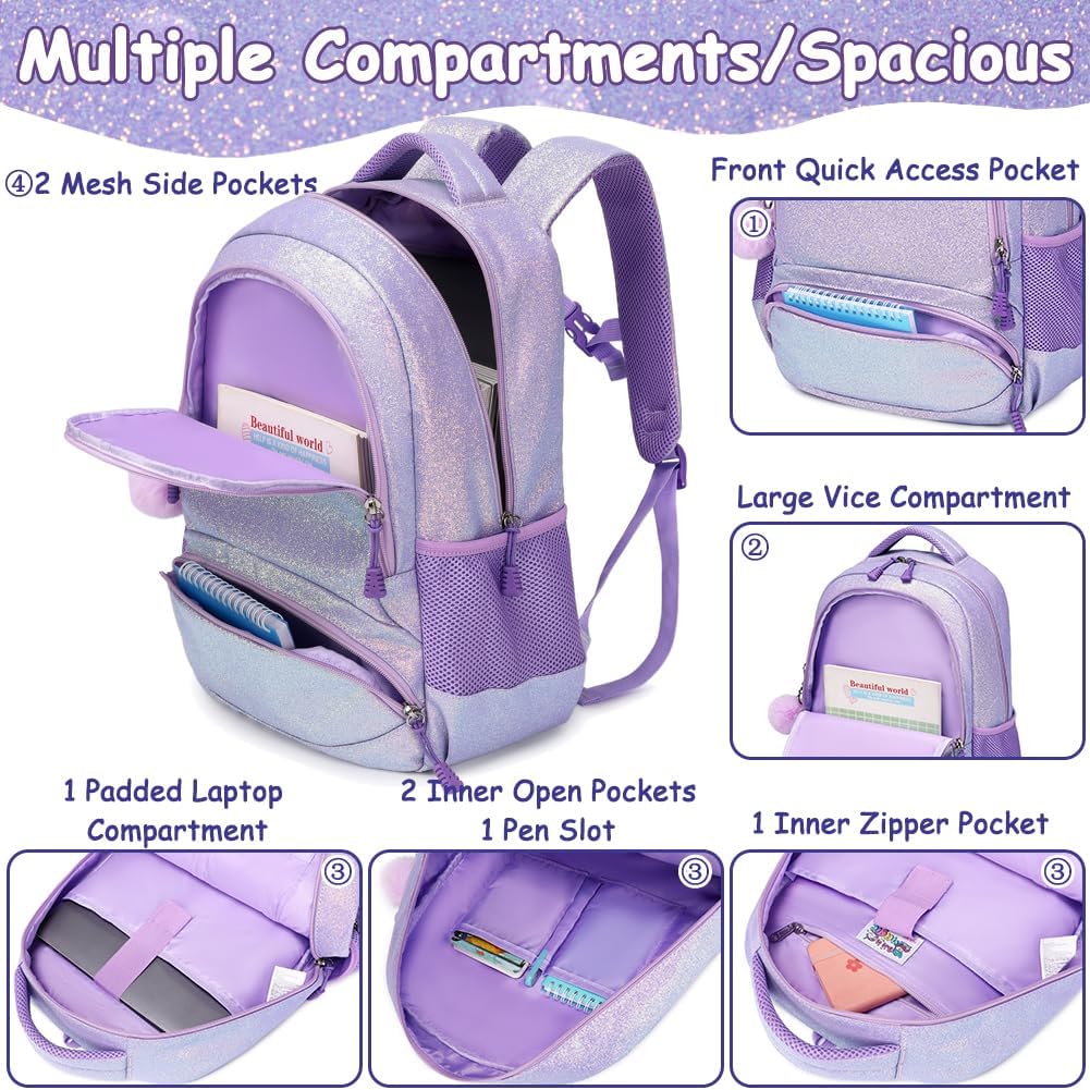 School Backpack for Girls Shiny Glitter Sparkly Bookbag for Kids Elementary Middle School Bags for Girl Blingbling Purple - Image 4