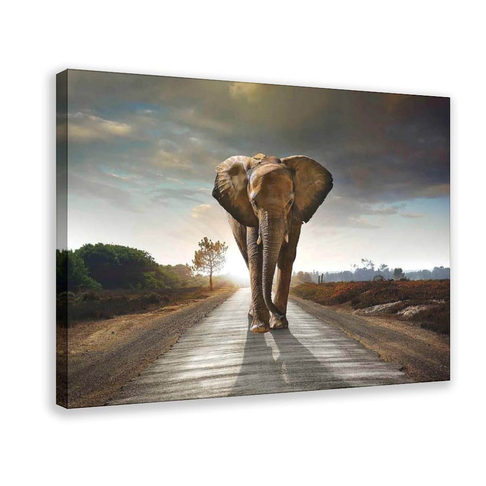 Bareronor Elephants on The Road Canvas Poster Bedroom Decor Landscape Office Room Decor Gift 12" L X 18" W