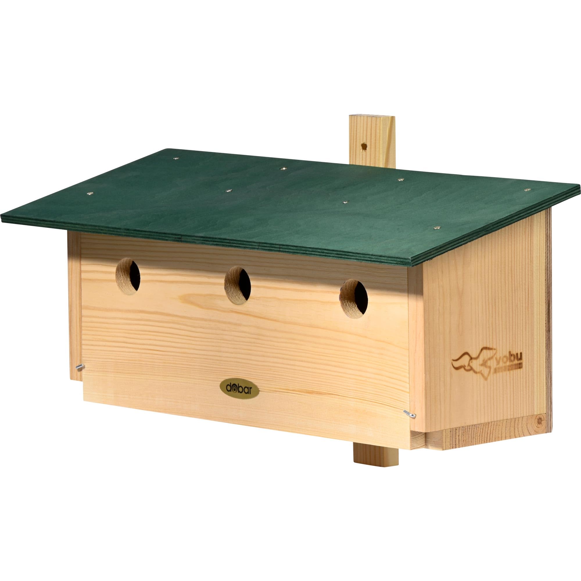 dobar® VOBU specjalna budka lęgowa z drewna na wróble – pomoc w lęgu dla wróbli – 3 w 1 – z klapkami czyszczącymi – sosna – 50 x 22 x 30 cm – zielona