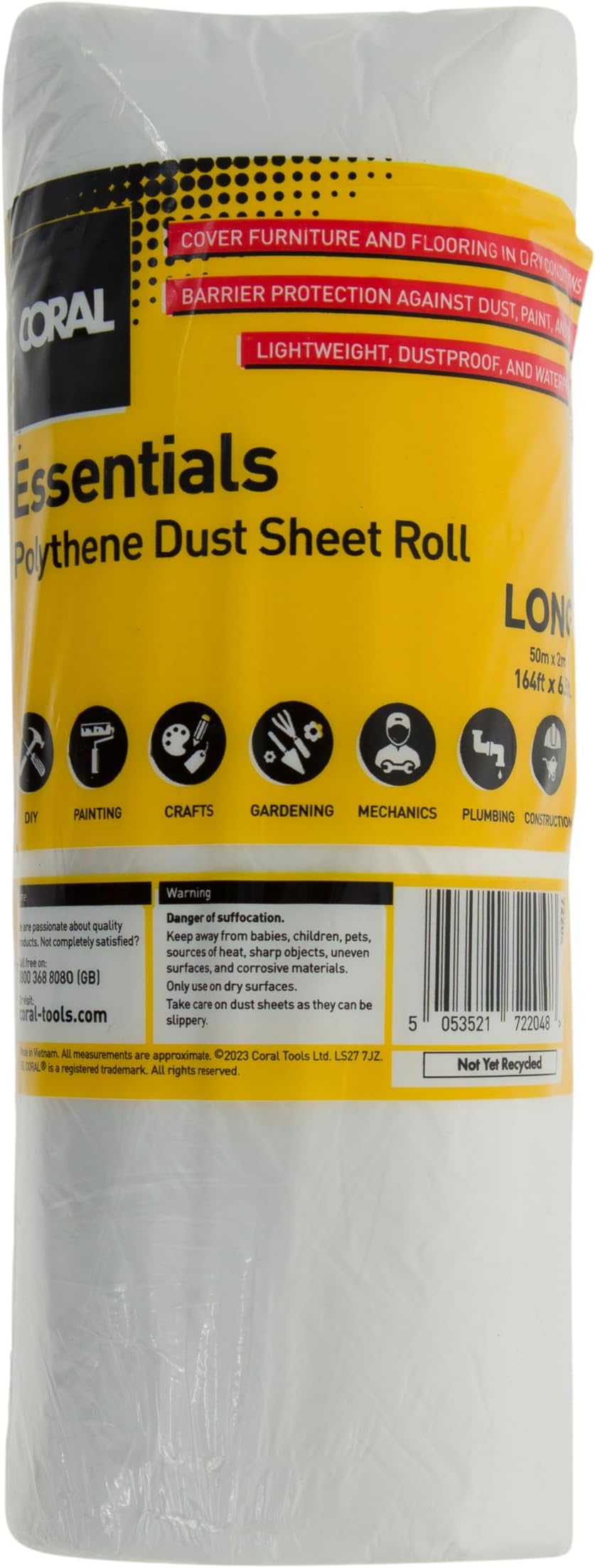 Coral Tools 72204 Essentials 100 Sqm (2M X 50M) Polythene Dust Sheet Roll Drop Cover Spill Splash Protection for Painting
