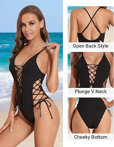 Vista 4 de Tempt Me - Traje de baño de una pieza para mujer, sexy con lazada, cuello en V profundo, corte alto