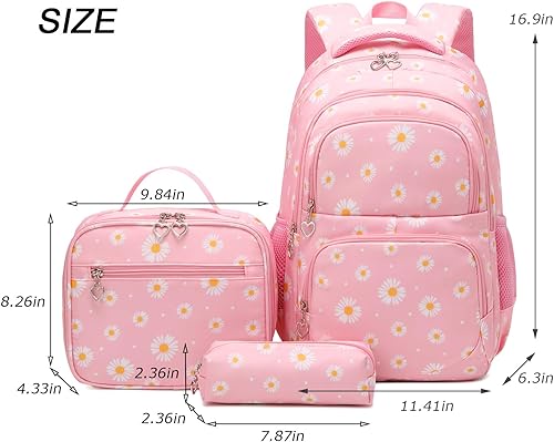 Miniatura 2 de ZHIERNA Mochilas impresas de margaritas para niñas con lonchera y estuche para lápices, juego de 3 piezas, bolsas ligeras para libros elementales