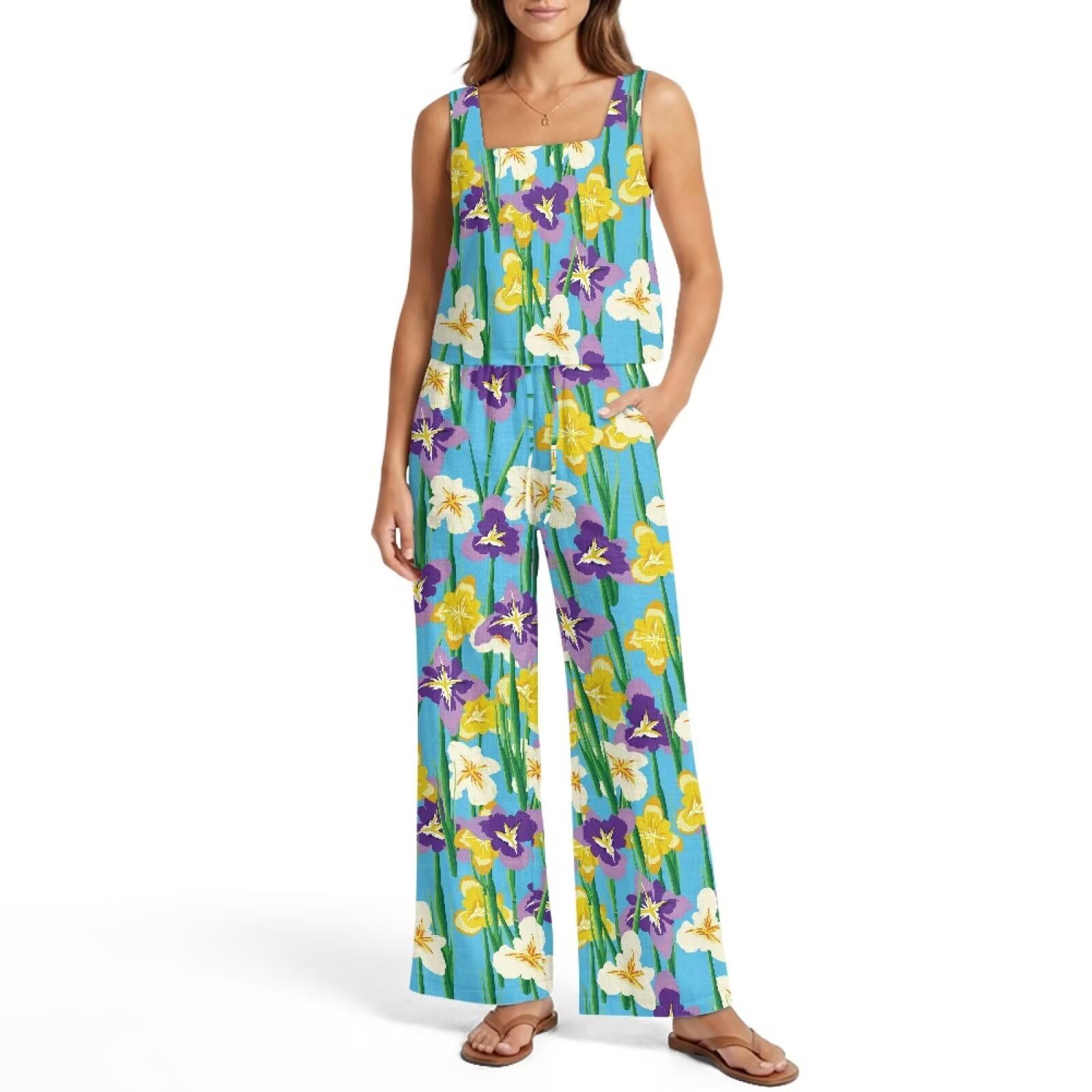 Xoenoiee 2-teiliges Set für Damen, Sommer-Outfits, Reise-Lounge-Sets, Tank-Top und Hose mit weitem Bein, Strandurlaub