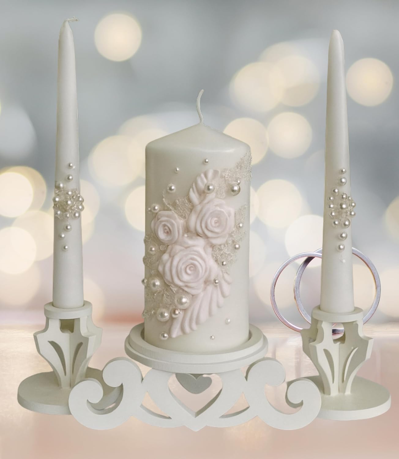 Unity Candle Set for Wedding Ceremony with White Wooden Taper Candle Holders Included, Handmade White Floral Pillar 6" х3 Candle, 3 Piece Christian Marriage, Long Burning, Unscented Gift