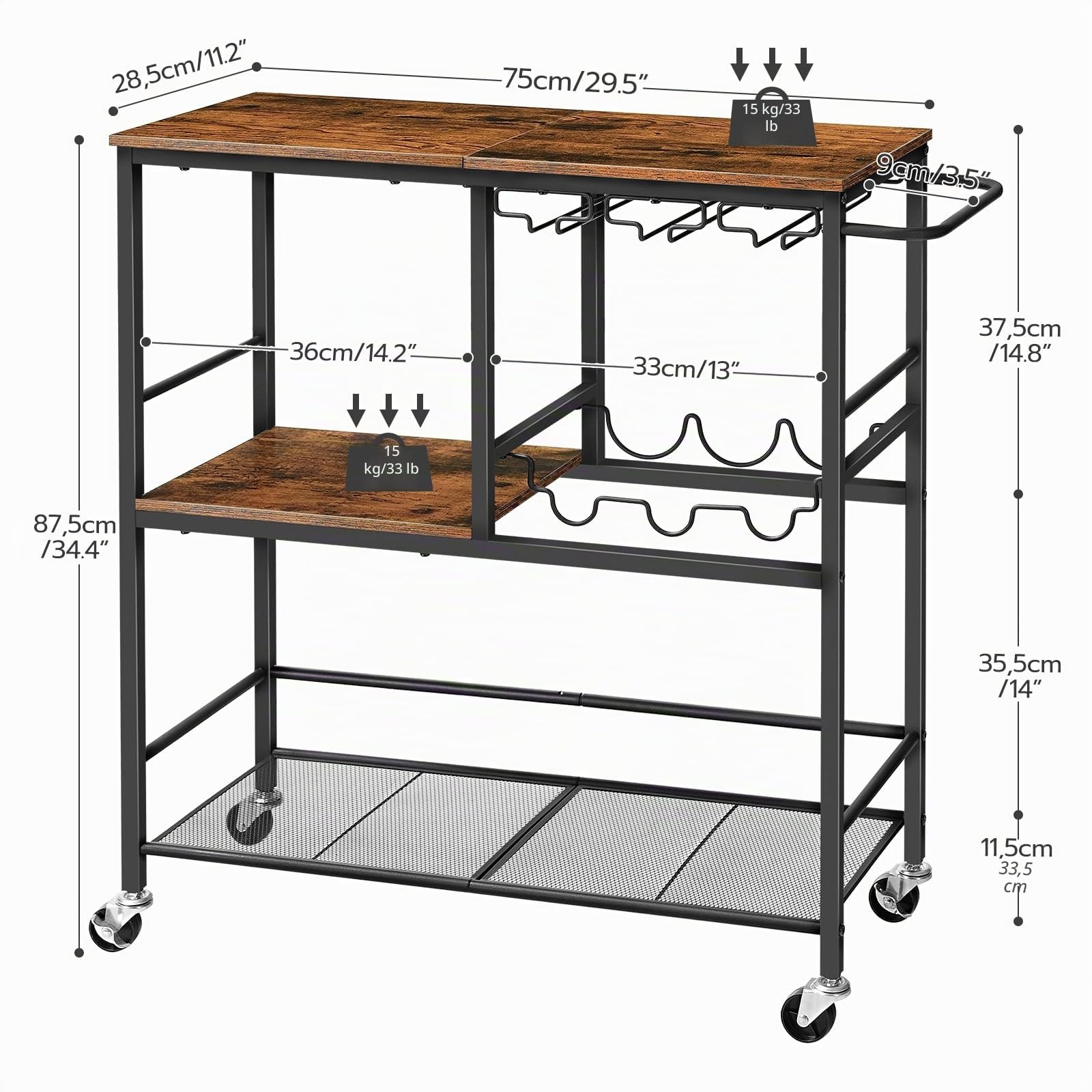 HOOBRO Chariot de Bar, Chariot de Cuisine avec Porte-Bouteilles et Porte-gobelets, Chariot de Service à 3 Niveaux, pour Salle à Manger, Salon, Bar, Marron Rustique et Noir EBF21TC01G1