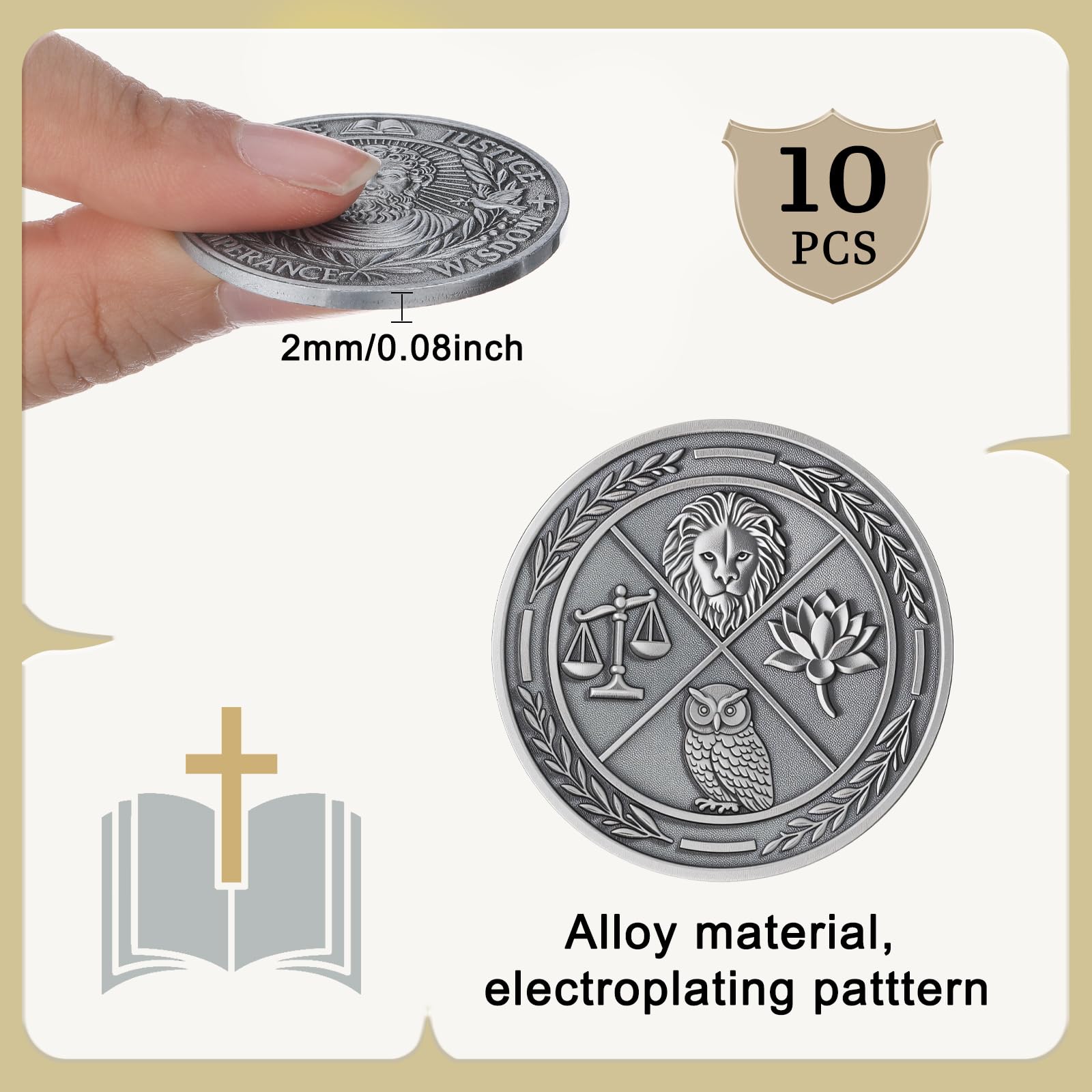 Aurelema Christliche religiöse Münze mit vier Kardinaltugenden, christliche Münzen, Jesus-Münzen, lustige Geschenke, Herausforderung, Taschenanhänger zum Gebet, 10 Stück