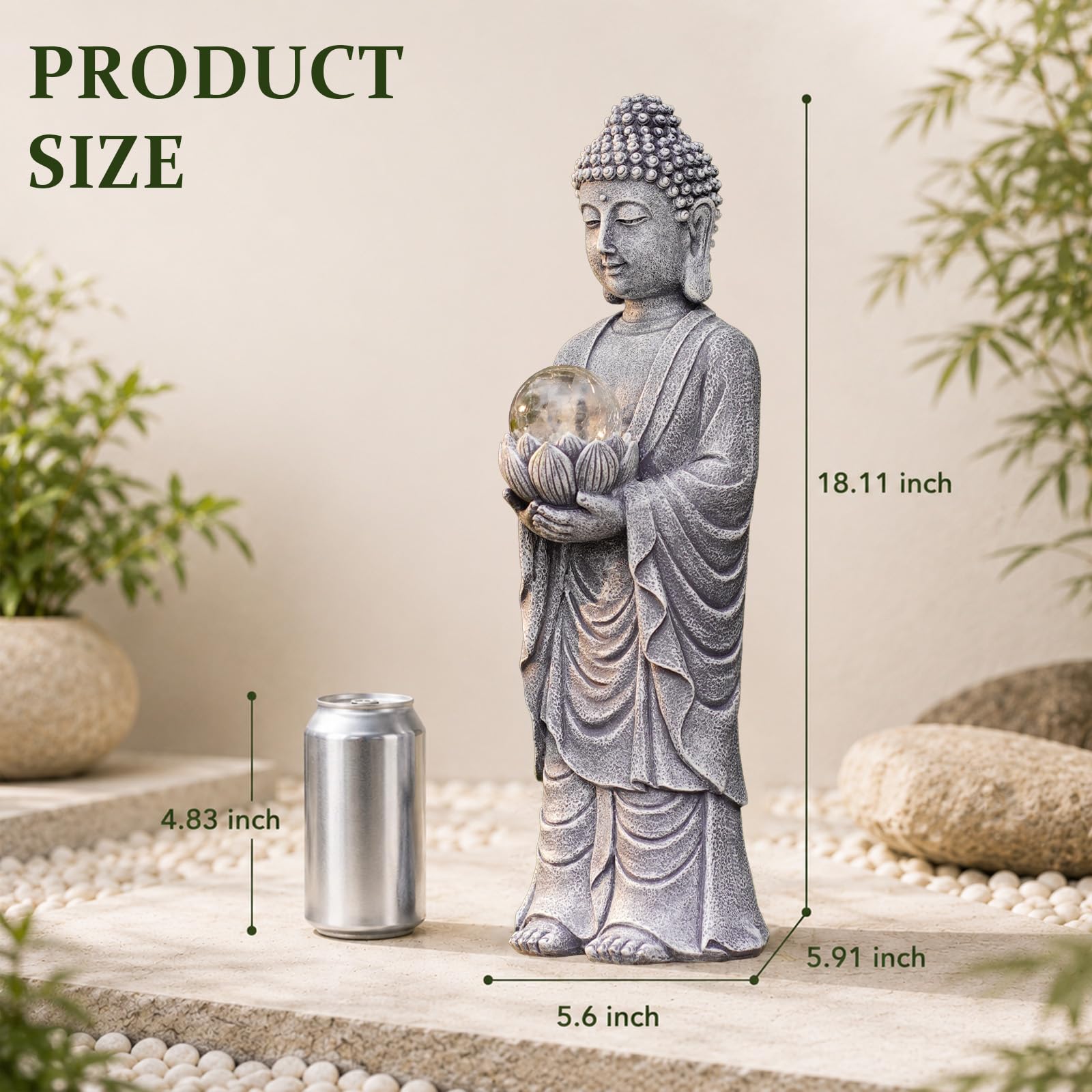 Goodeco Statue de Bouddha solaire avec boule de lotus – 47 cm Zen