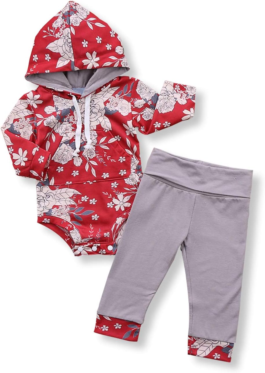Unmega Infant Baby Girl Flower Print Long Sleeve Hoodie Romper + Long Pants 2 Pieces Hooded Outfit (Red&White, 90(12-18 Months))