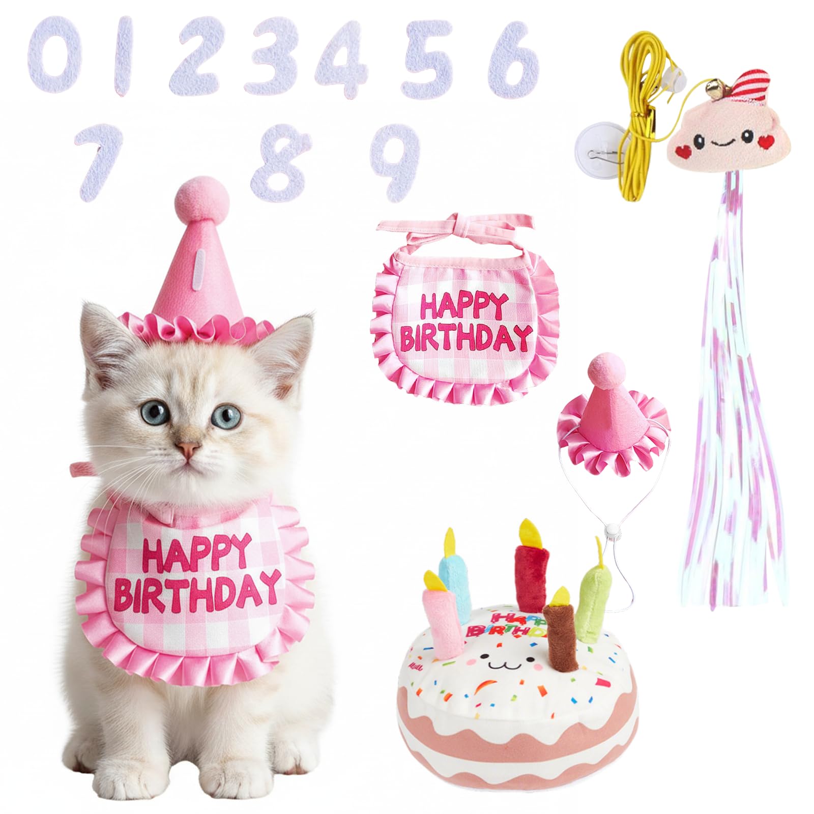 Cat Birthday Outfit Set with Bandana and Hat Featuring 0-9 Numbers Plush Cake Toy and Hanging Catnip Toy for Cats Birthday Celebration Cat Costumes Fun Birthday Gift for Cats Pink
