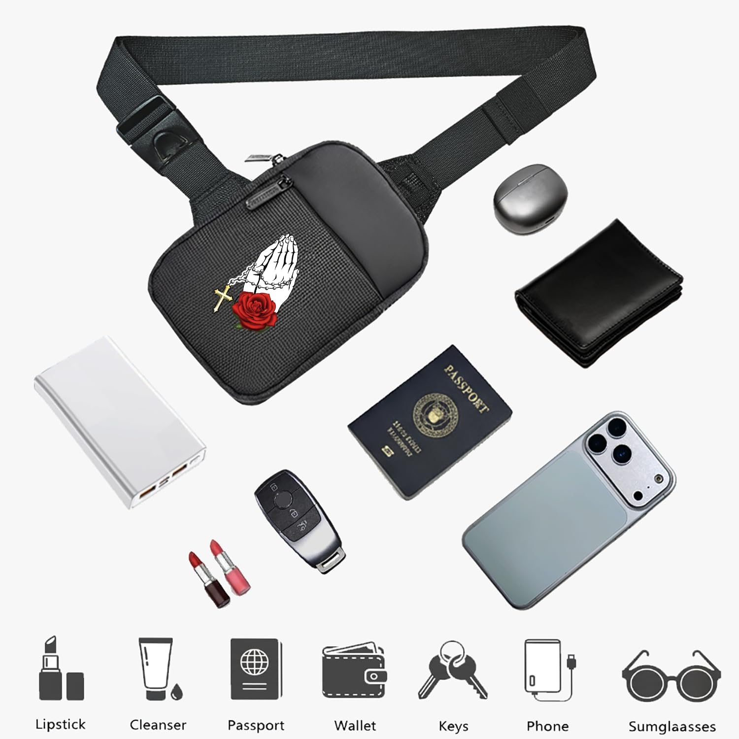 FOECBIR Mini Crossbody Bag Men Chest Bags,Small Travel Sling Bag For Men Women Waterproof For Mens For Travel Work Sport (Cross Rose Skull, Small) - Image 4