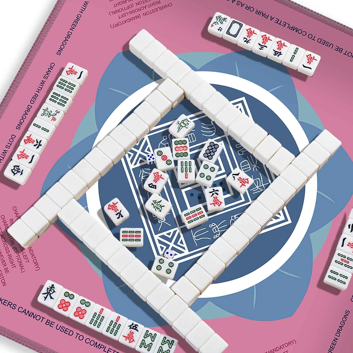 BeFyne Mahjong Mat for Table, 32.4×32.4 Inch Non-Slip Noise Reduction American Mah jongg Mat with Rules, Neoprene Mahjong Table Mat for Poker, Card, Dominoes Games, Pink