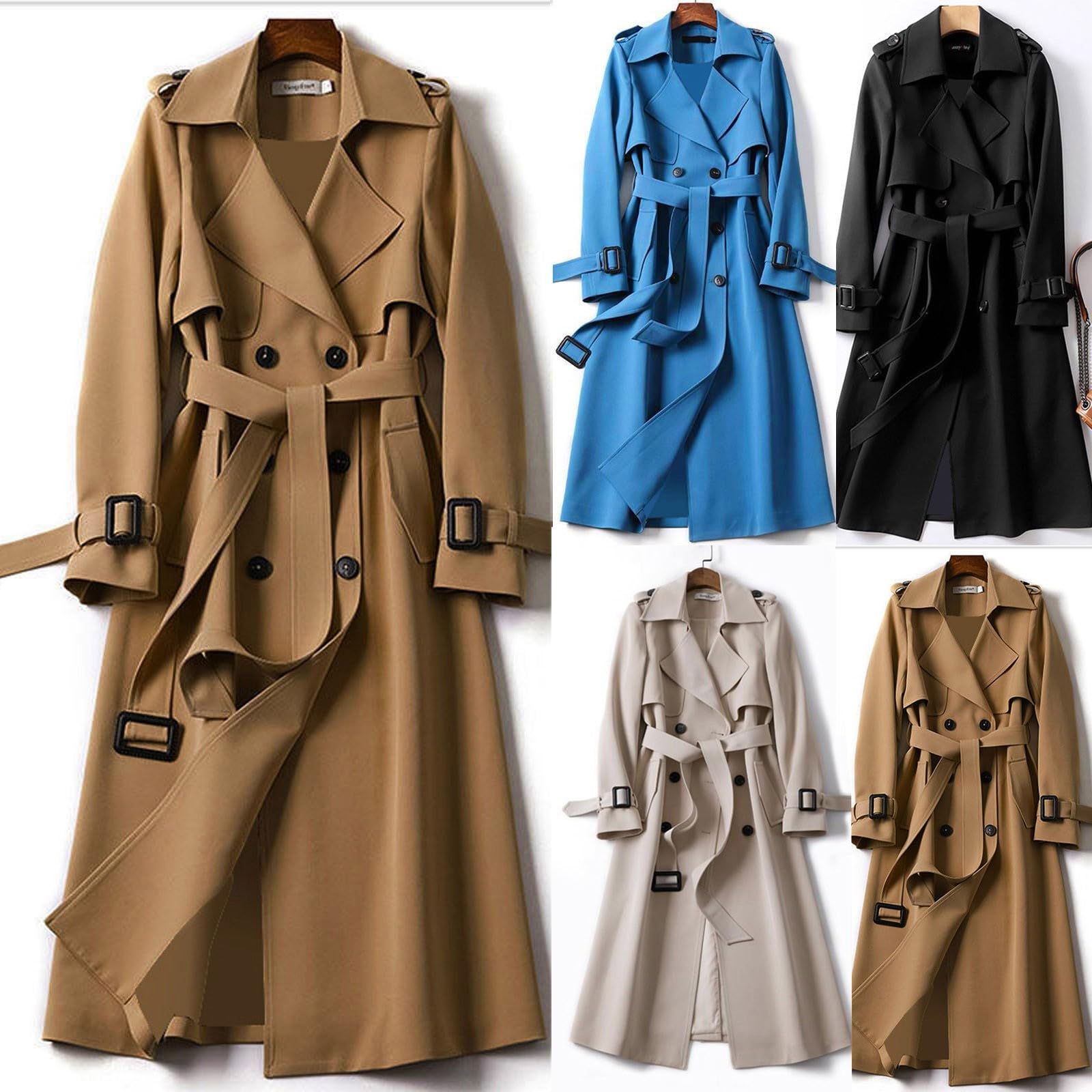 Trench long pour femme - Manteau long à double boutonnage - Veste mi-saison classique - Automne - Printemps - Coupe-vent