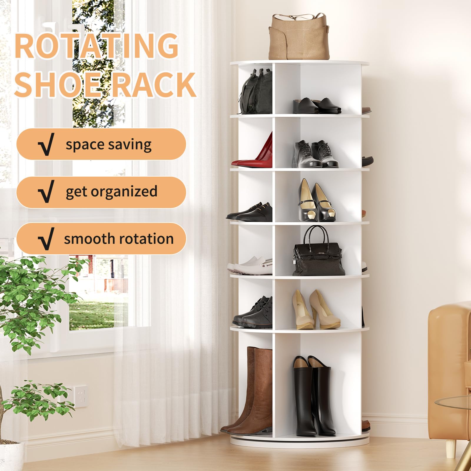 Zapatero giratorio de 360 grados, 6 niveles, redondo, 60 x 60 x 155 cm, armario blanco para zapatos para entrada y armario, para el hogar