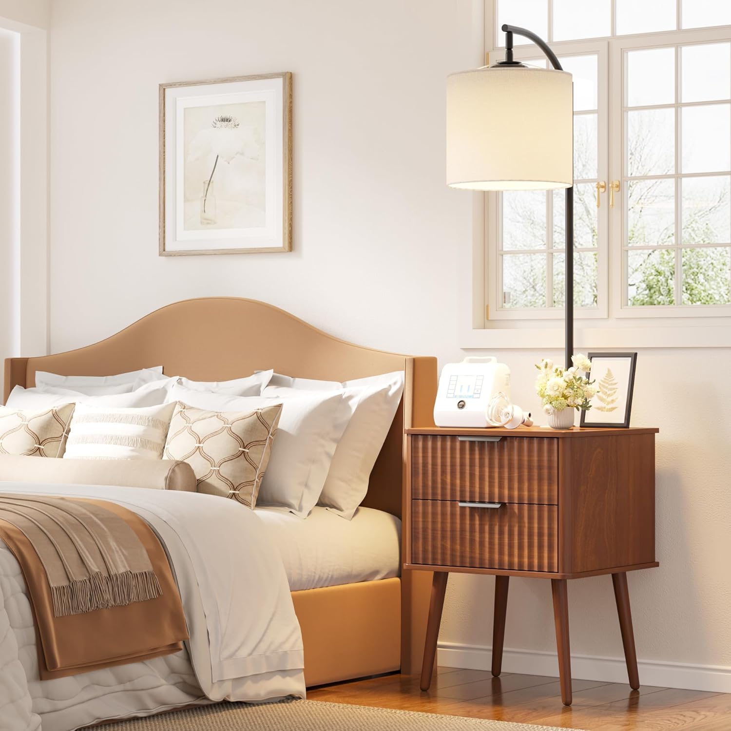 Lvifur LED Nightstand - with 3 Color Light and Tall Modern Lamp with Beige Linen Shade,Night Stand with 2 Drawer Bedside Table with USB&Type-C Smart End Table for Bedroom,Reddish-Brown