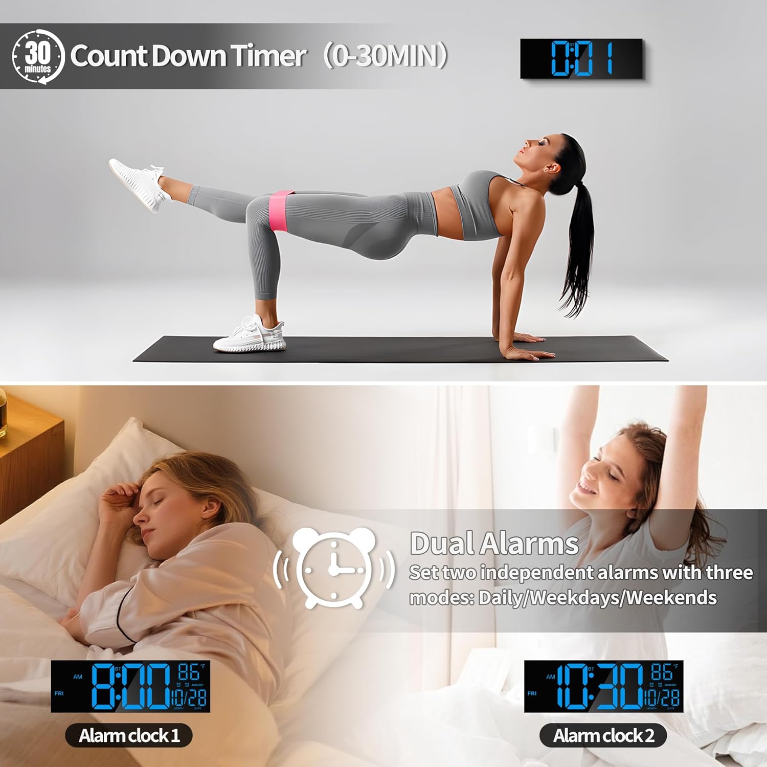 16.5" Digital Wall Clock with Bluetooth Auto-Sync, Large LED Display, Smart Auto Dimming, DST, Remote Control, Night Light, Date & Temperature for Living Room,Black