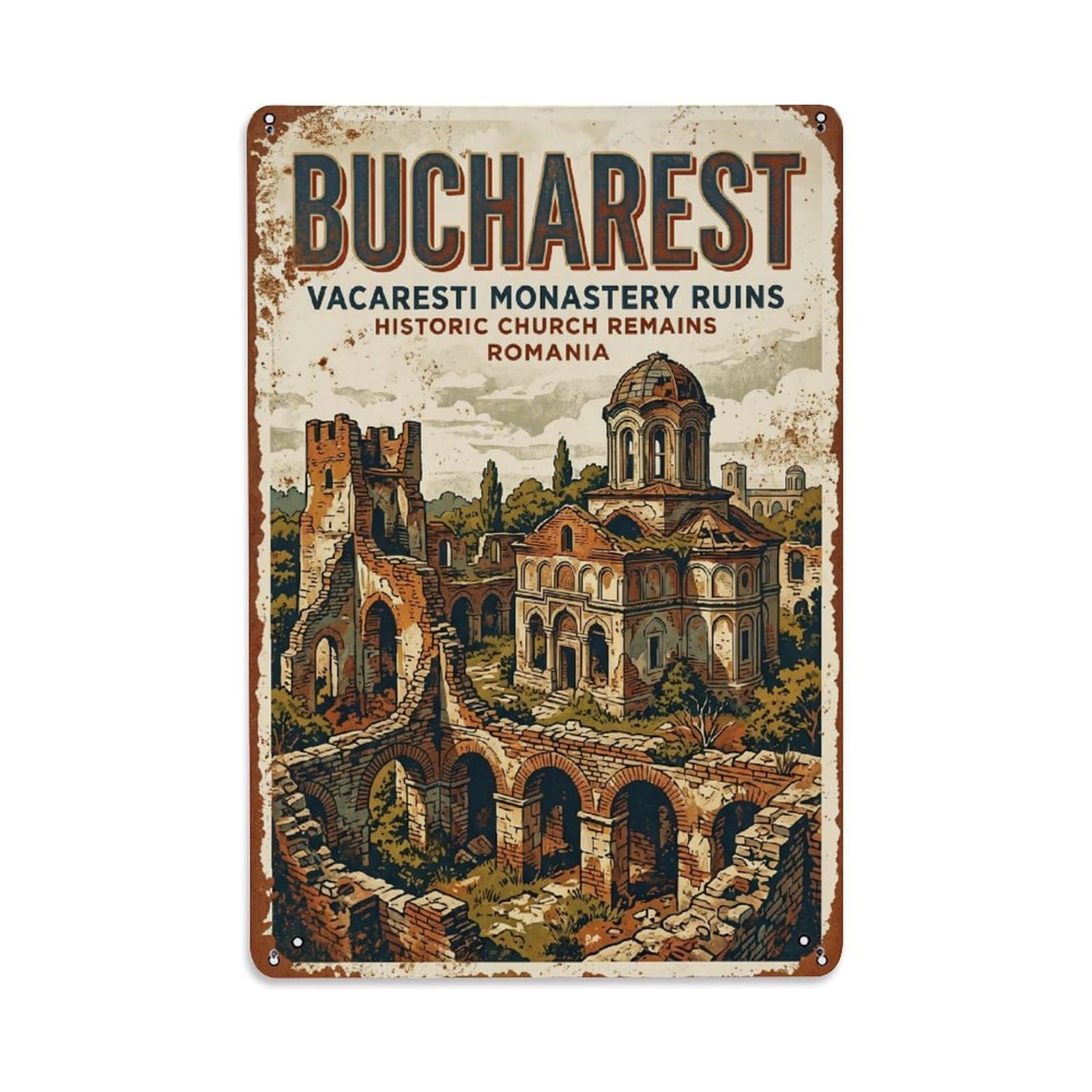 Vintage Travel Bucharest Vacaresti Monastery Church Romania Metal Tin Sign Plaque Wall Decor for Cafe, Club Bar, Office, Home Garden Metal Poster 8x12Inch