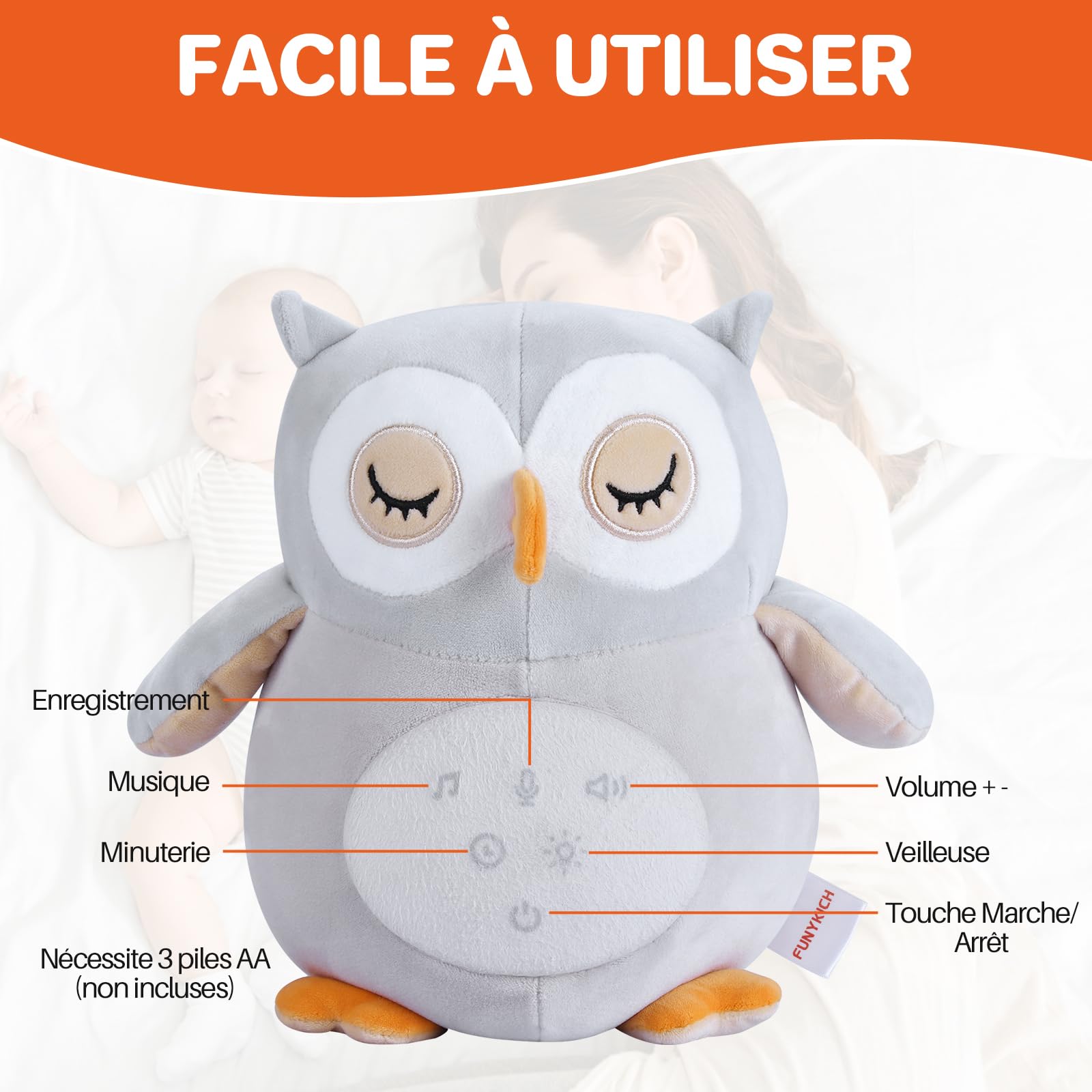 FUNYKICH Peluche Hibou Apaisante Hochets Apaisants avec Bruit Blanc pour Bébé Jouet Musical Lumineux pour Nourrissons Veilleuse Peluche Lavable en Machine avec Partie Détachable