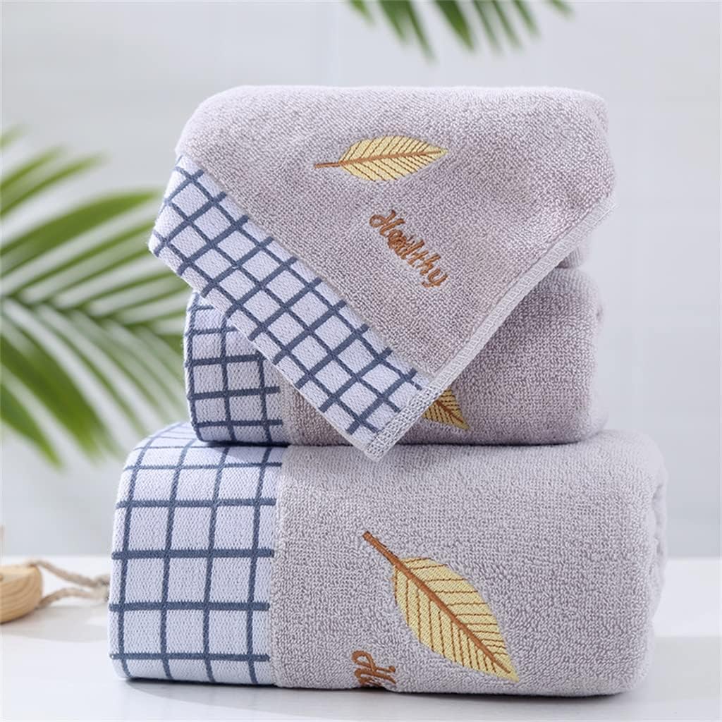 Leaf Towel Embroidered Letter Absorbent Home Household Couple Face Bath Towel Set Plaid Hand Towel for(Blue)