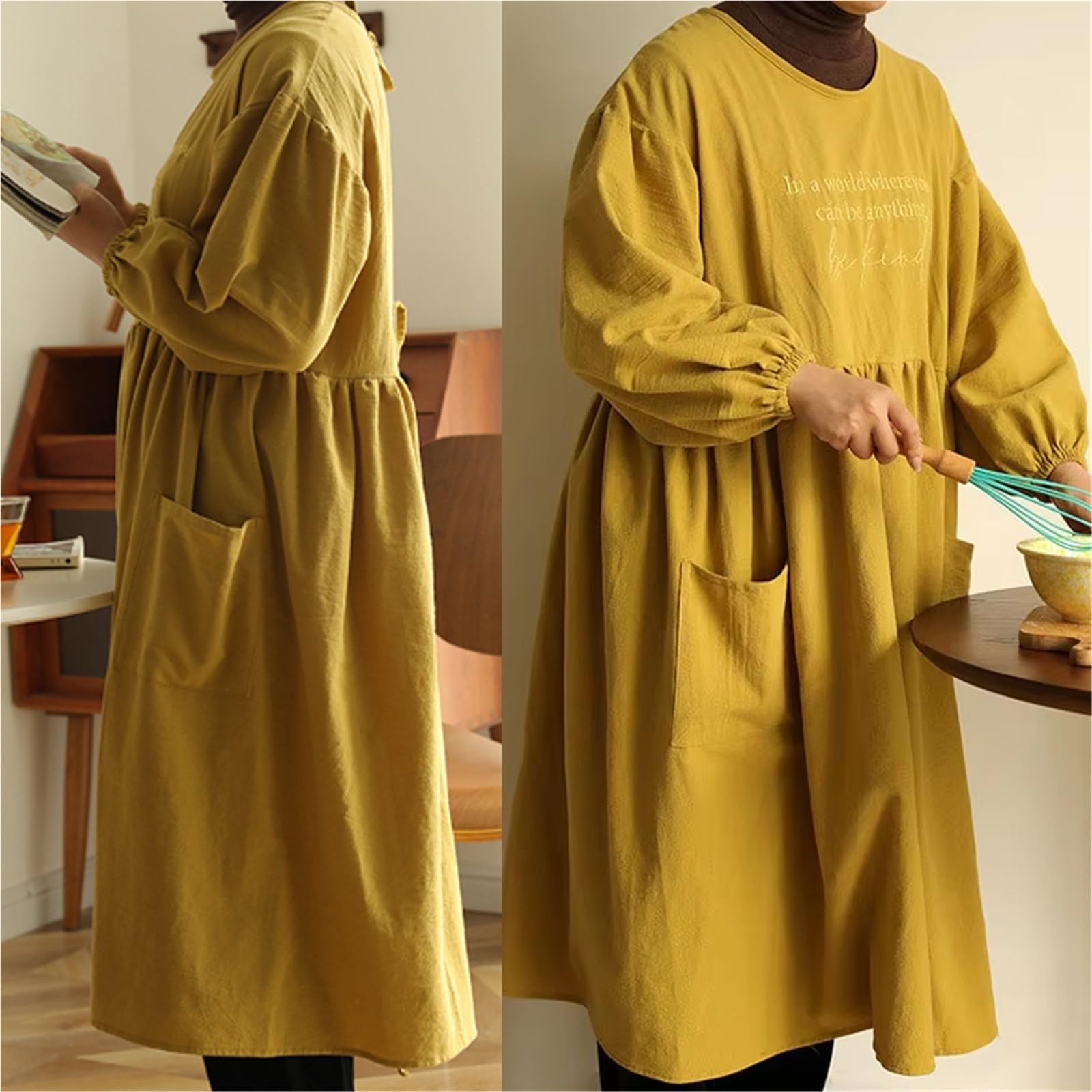 Grembiule da cucina donna con ricamo taglie forti 3 pezzi per Cucinare | Grembiule con tasca, grembiule in cotone ampio allargato a maniche lunghe for la pulizia della cottura
