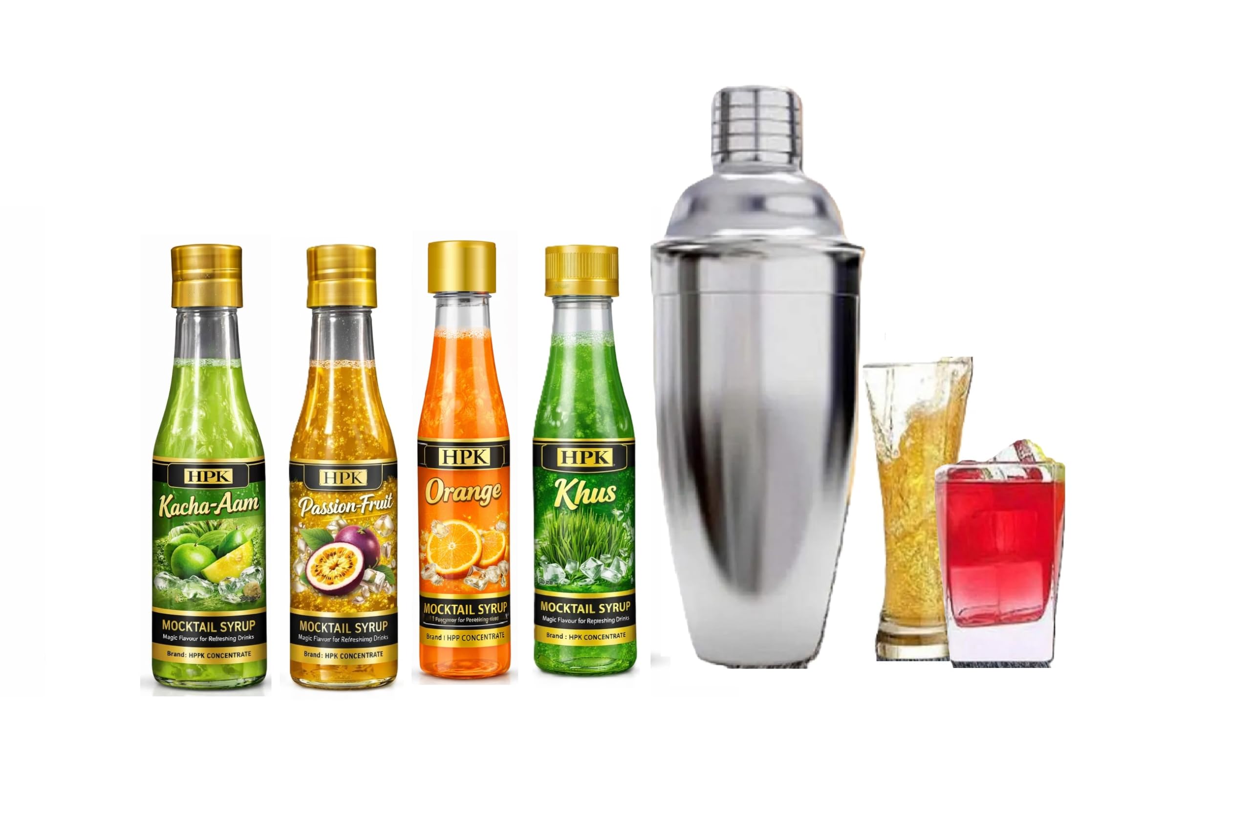 HPK Mocktail Syrup Set – Kacha Aam, Passion Fruit, Orange & Khush Flavors – Premium Concentrate for Refreshing Mocktails & Drinks – Includes Cocktail Shaker-image-10