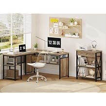FATORRI Rustic Bookshelf with Drawer L Shaped Desk Rustic Oak