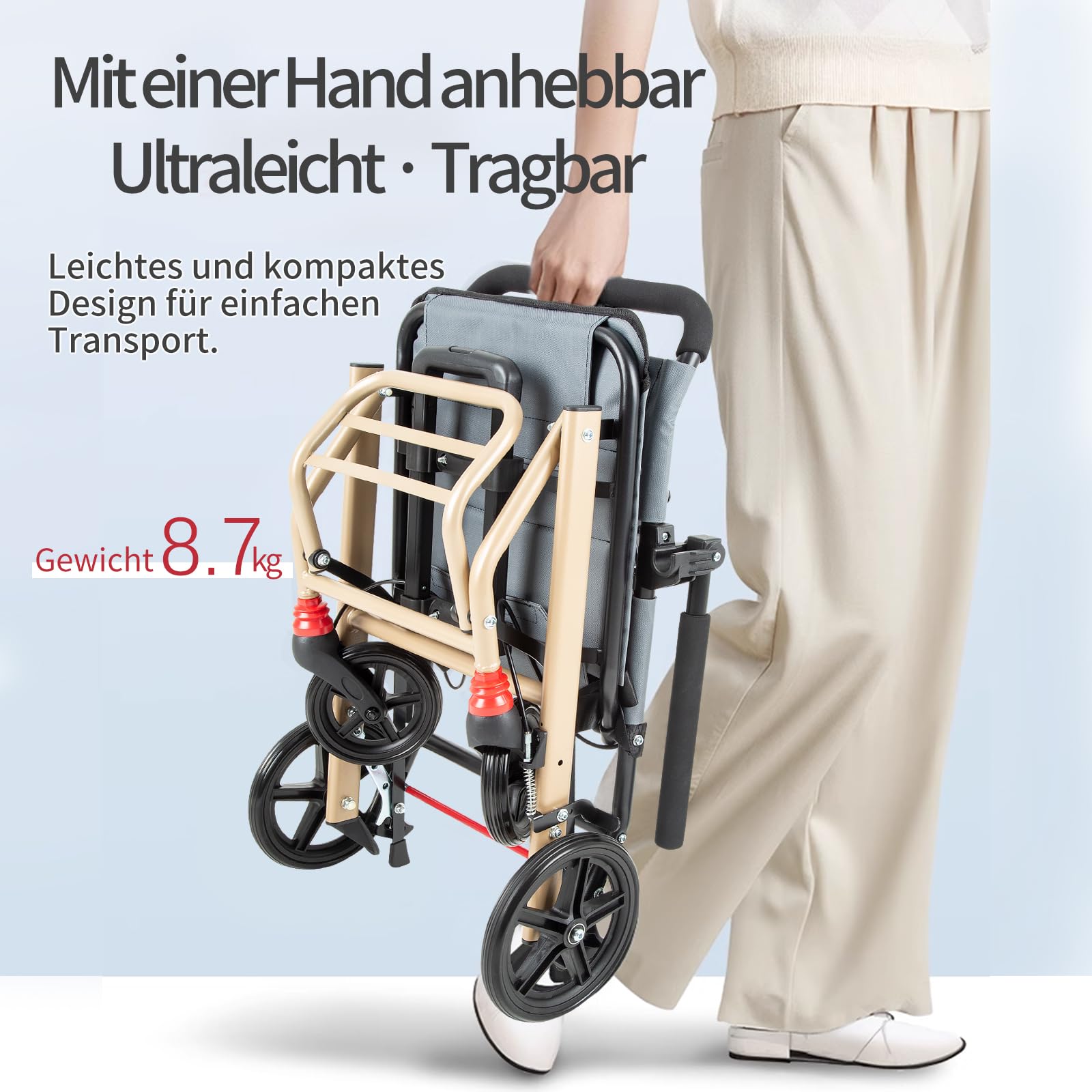Care Parents Sedia a rotelle da viaggio, pieghevole e leggera (8,7 kg), larghezza seduta 41 cm, con maniglione estensibile, in alluminio, compatta per aereo, treno e auto, portata massima 100 kg