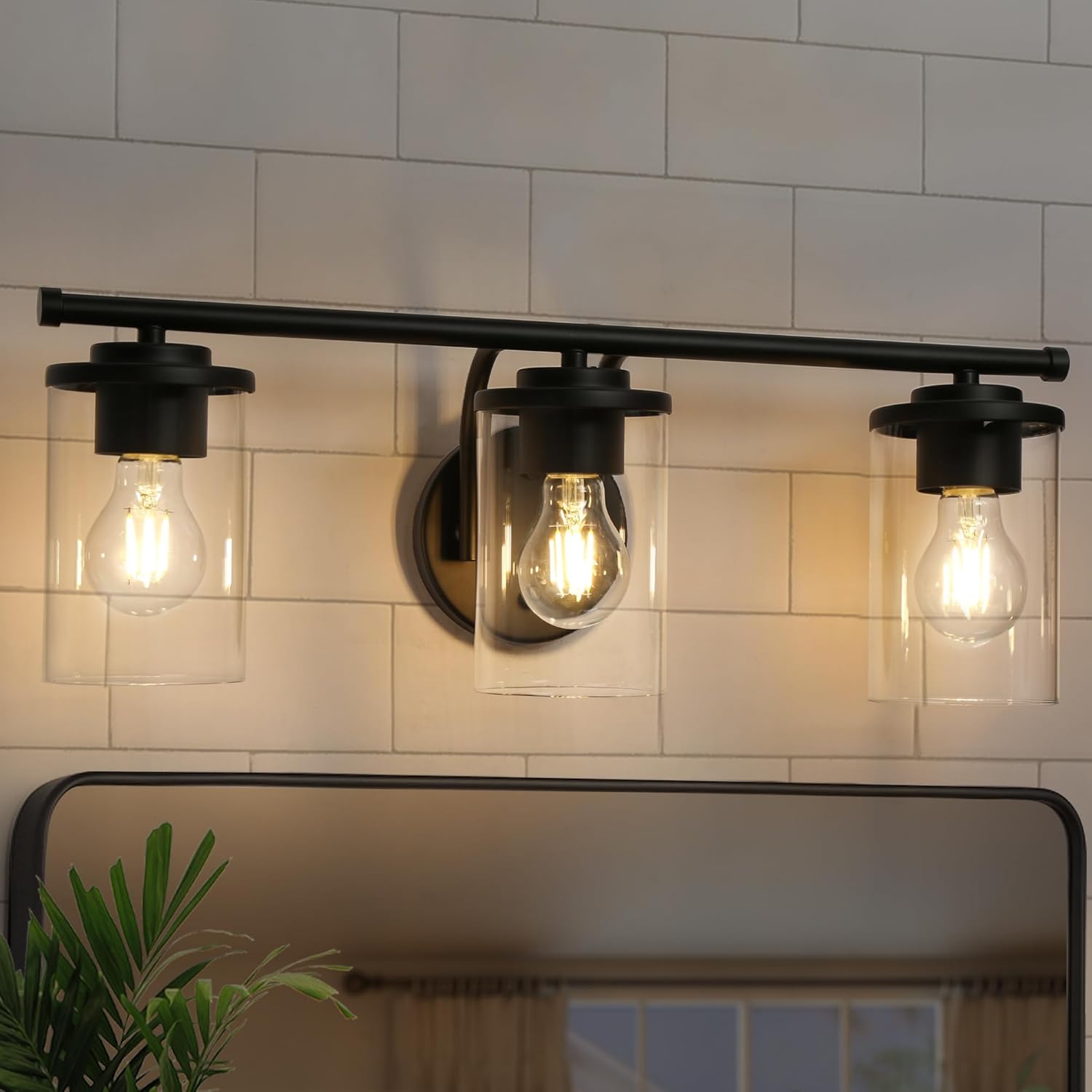 Black Bathroom Light Fixtures, 3 Light Farmhouse Modern Vanity Lights with Clear Glass, Wall Sconce Vanity Lighting Over Mirror for Hallway & Cabinet