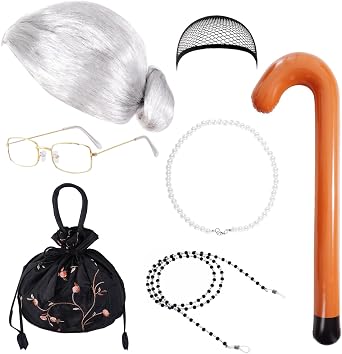 Topbuti Kids 100 Days of School Old Lady Costume Grandma Granny Halloween Cosplay Set Include Grandmother Wig with Cap Costume Glasses Eyeglass Chain Pearl Necklace Inflatable Cane Handbag