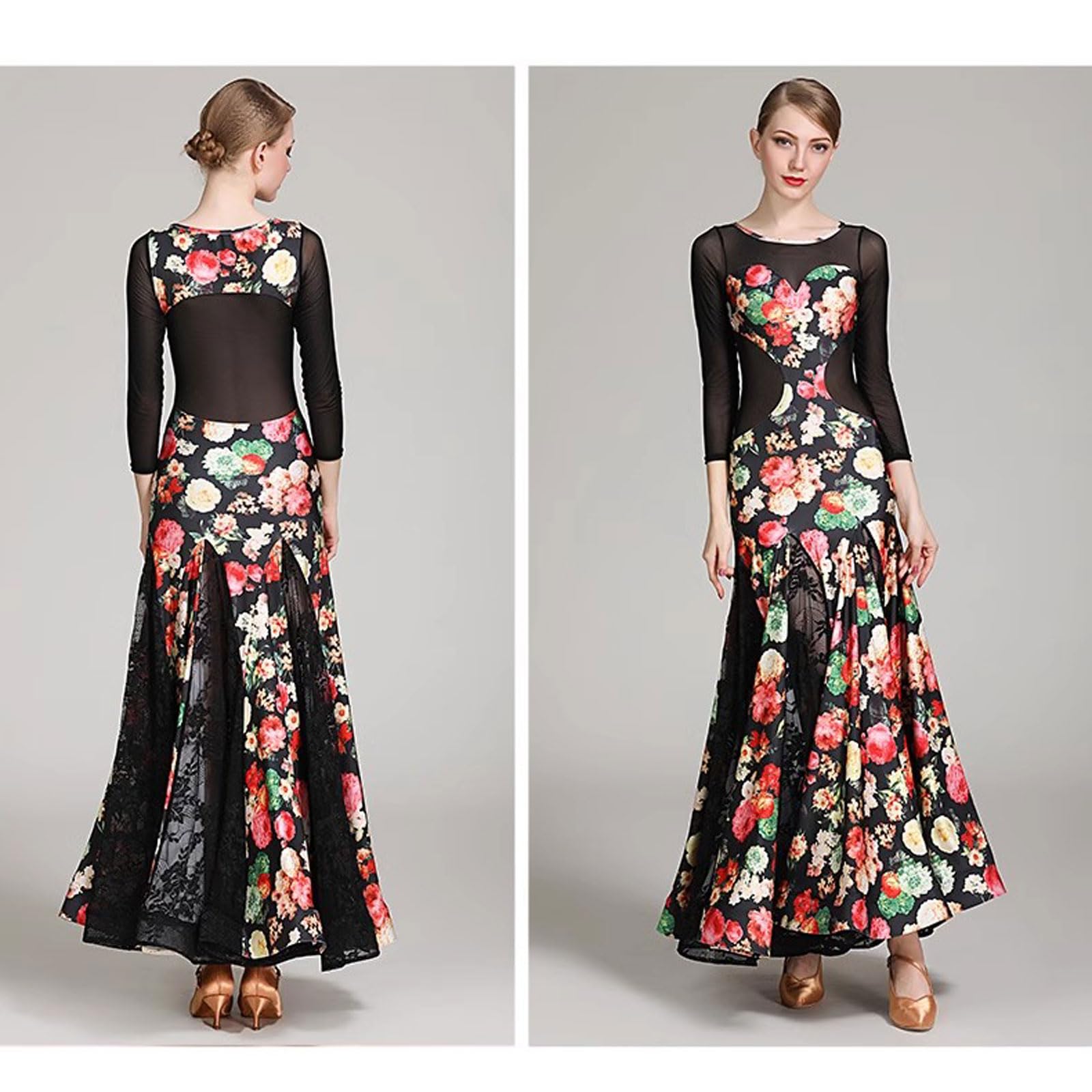 Strój Konkursowy do Tańca Towarzyskiego Strój do Tańca Tango Walc d Długim Rękawem Nadrukiem Elegancki Strój do Tańca Foxtrot Strój do Tańca Flamenco z Okrągłym Dekoltem