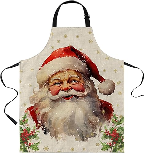 Christmas Bib Aprons with Pockets Waterproof, Adjustable Apron for Men Women Xmas Santa Berry Botanical Winter Snowflake