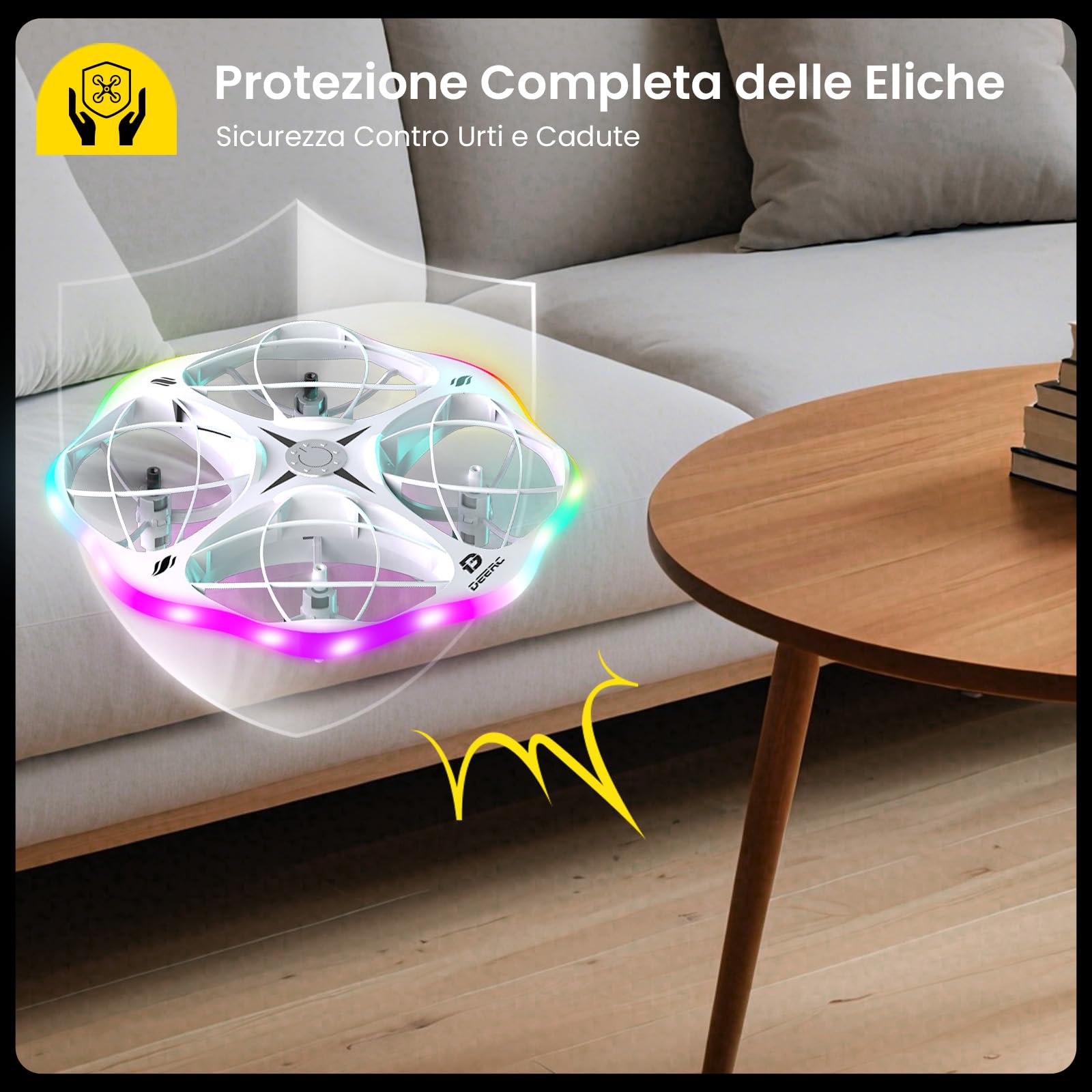 DEERC D13 Mini Drone per Bambini con 3 Batterie, Evitamento Ostacoli e LED | Mini UFO Facile da Usare con 6 Modalità LED, Lancio a Mano, Flip 3D, Regalo per Bambini 6-12 Anni