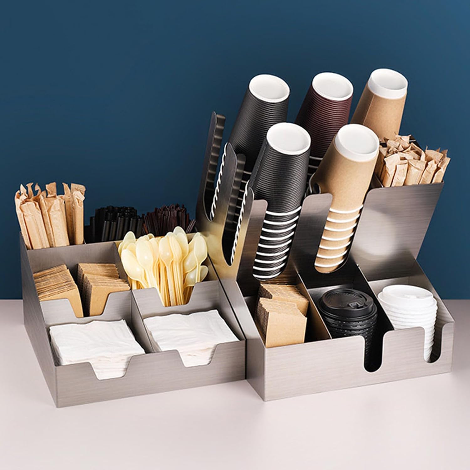 Coffee/Tea Condiment Organizer, Coffee Pod Holder Storage Organizer, Cup Lids Organizer, Paper Cup Holder Condiment and Disposable Coffee Cup Dispenser,Stainless Steel 06