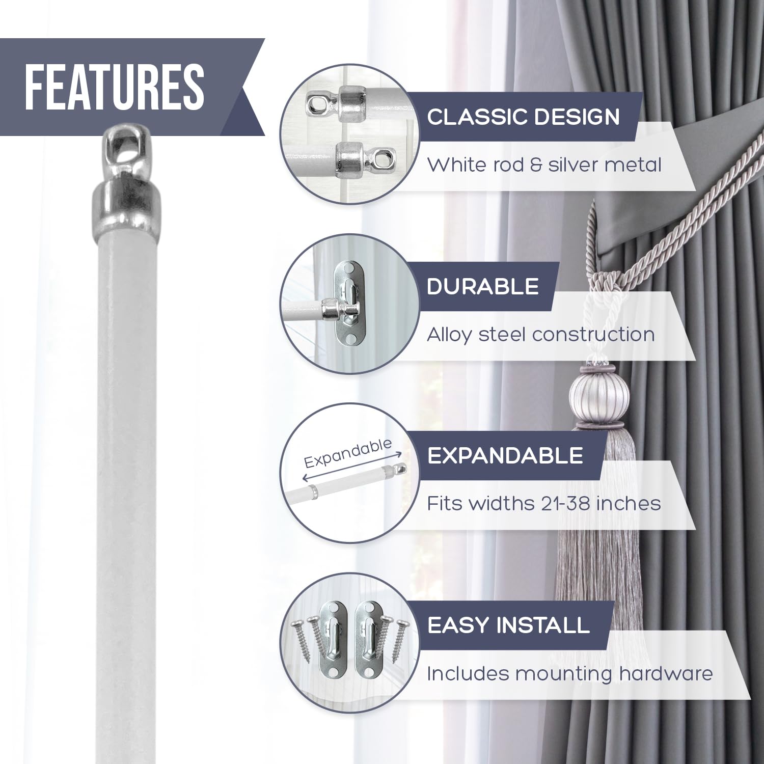 Amazing Drapery Hardware White Swivel Sash Curtain Rods with Silver Ends, Set of 4 (Hardware Included) - Adjustable Length 21-38 Inches, Easy to Install Metal Rods for Doors, Windows, and Sidelights