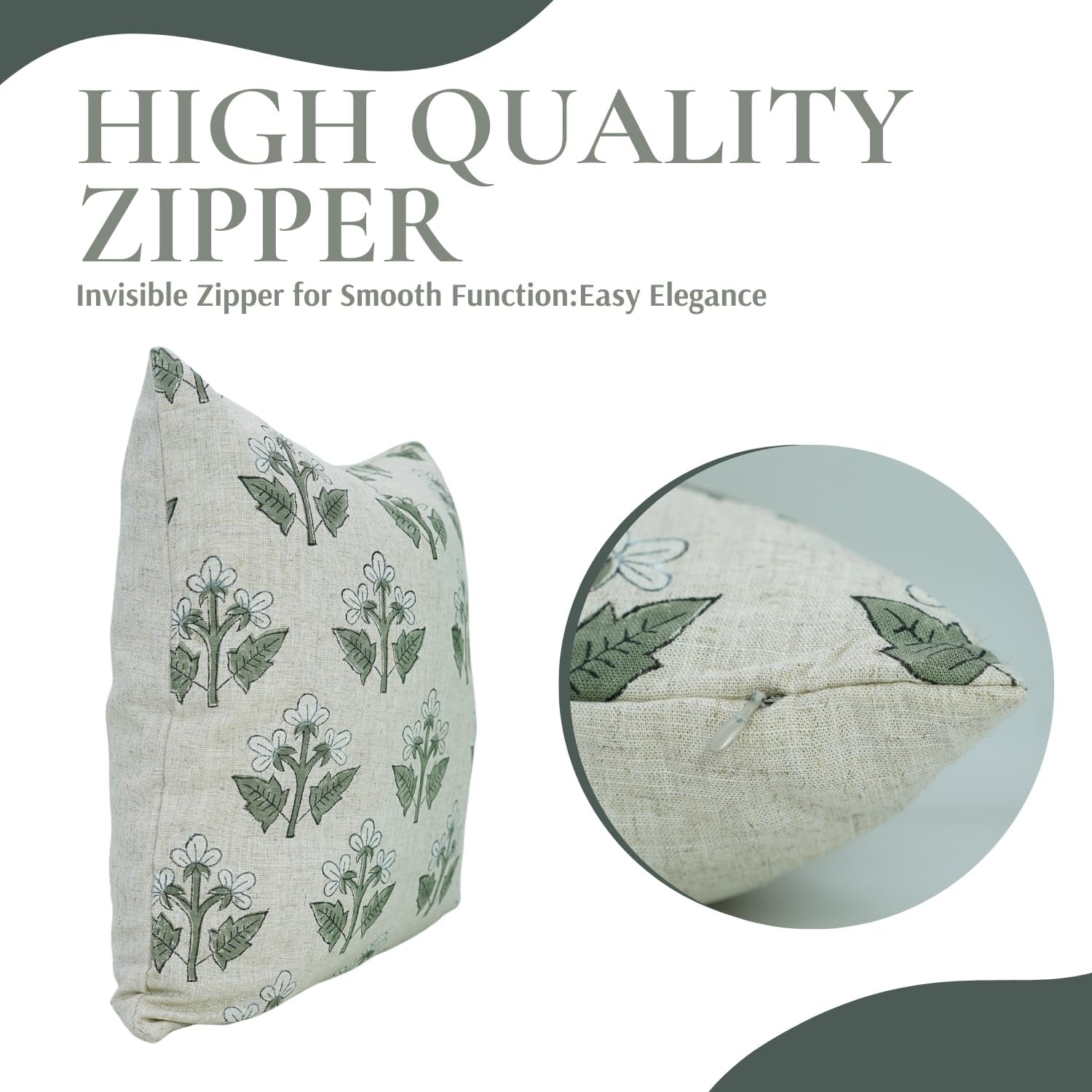 Viscose Linen Fabric Artistic Handmade Floral Block Print 22x22 Inch Throw Pillowcase Cushion Cover Decorative for Sofa, Couch, Chair, Living Room, Bedroom (Chahat-White)